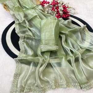 Pista Green Satin Burberry Saree Adorned With Sparkling Swarovski & Elegant Moti Work Border