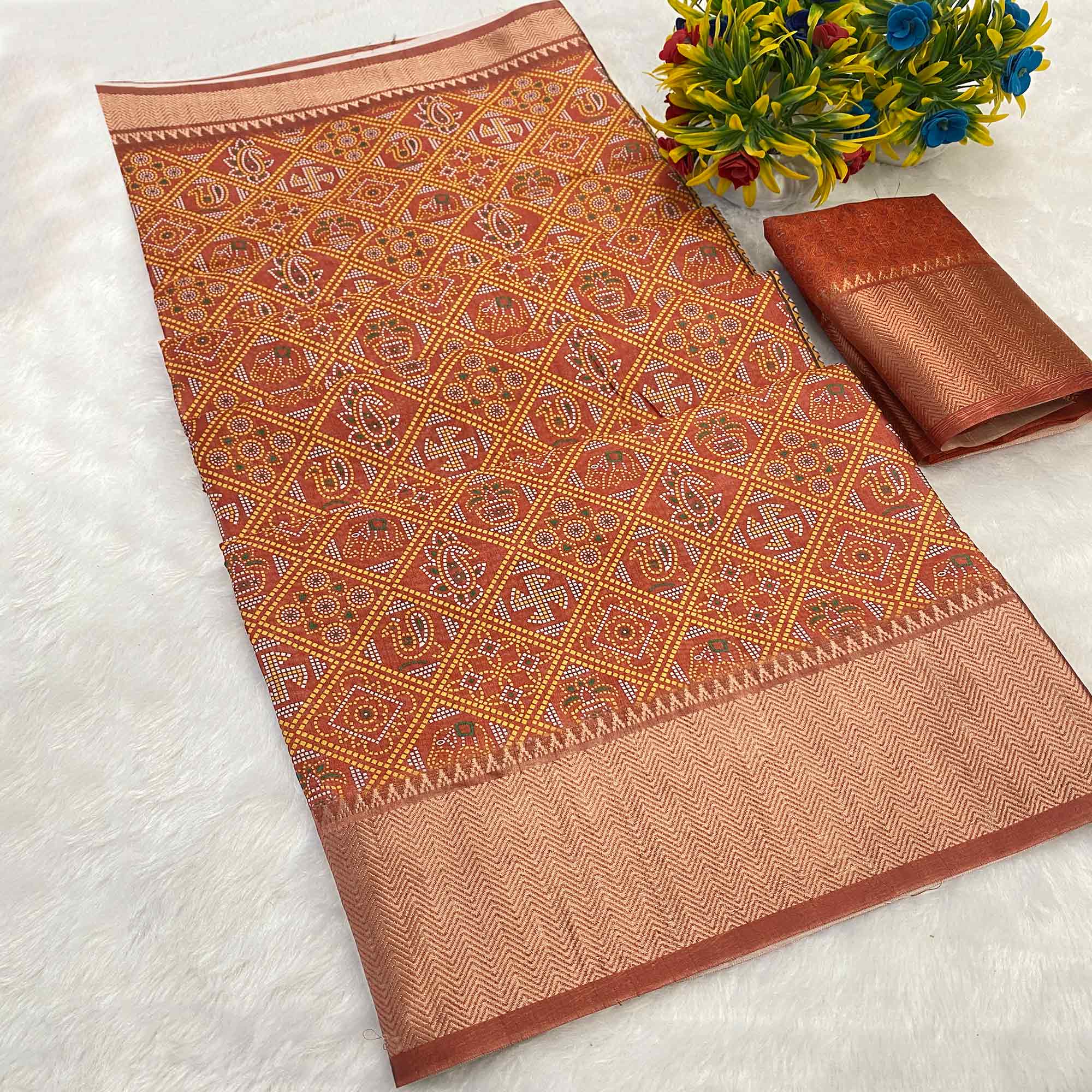 Light Brown Dola Silk Saree Featuring Traditional Patan Patola Print