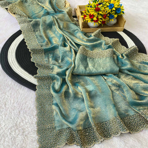 Blue Fandy Satin Saree Featuring Intricate Swarovski Work & Decorative Zarkan Border