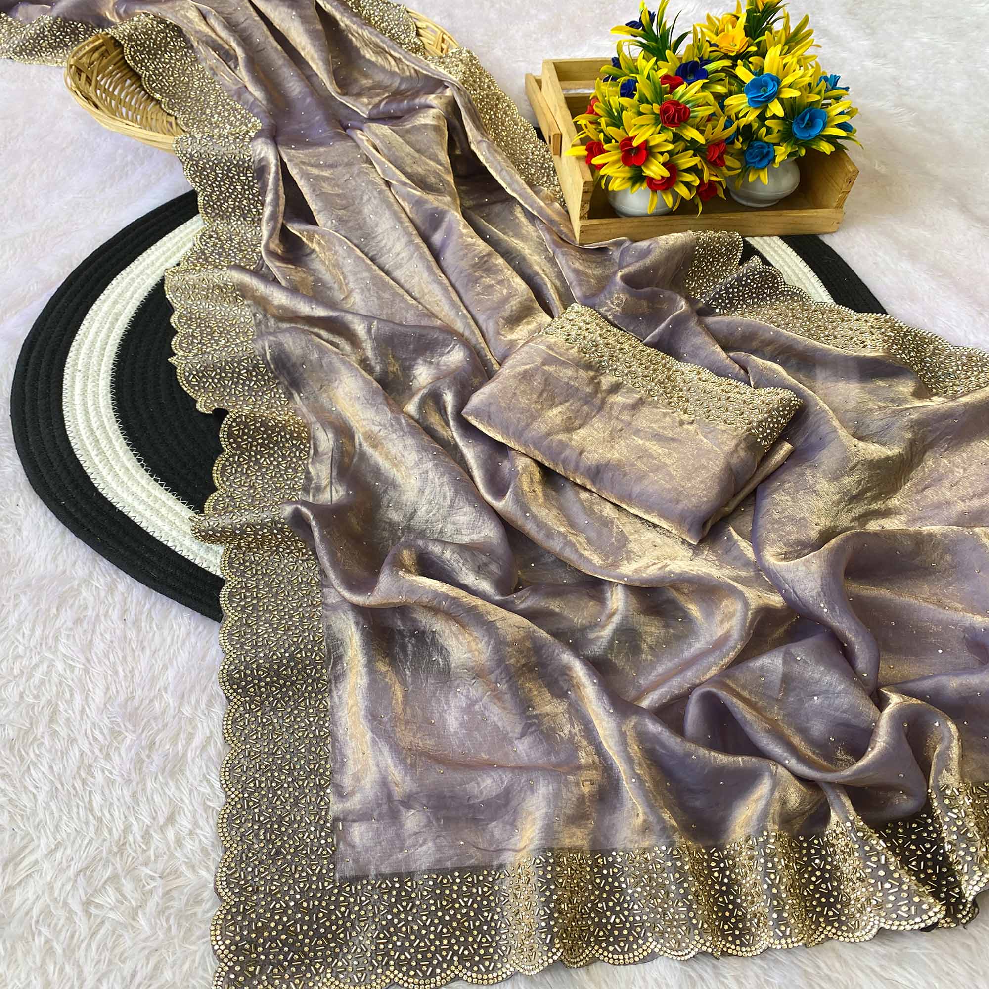 Lavender Fandy Satin Saree Featuring Intricate Swarovski Work & Decorative Zarkan Border