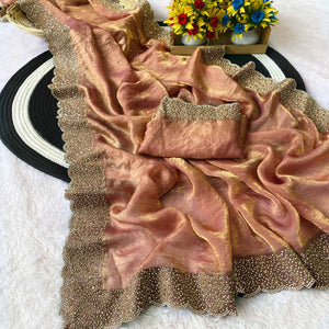 Peach Fandy Satin Saree Featuring Intricate Swarovski Work & Decorative Zarkan Border