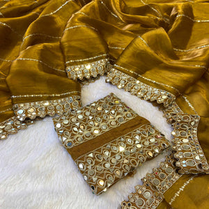 Gold Jimmy Choo Satin Saree Adorned With Sequins Embroidery & Mirror Accents