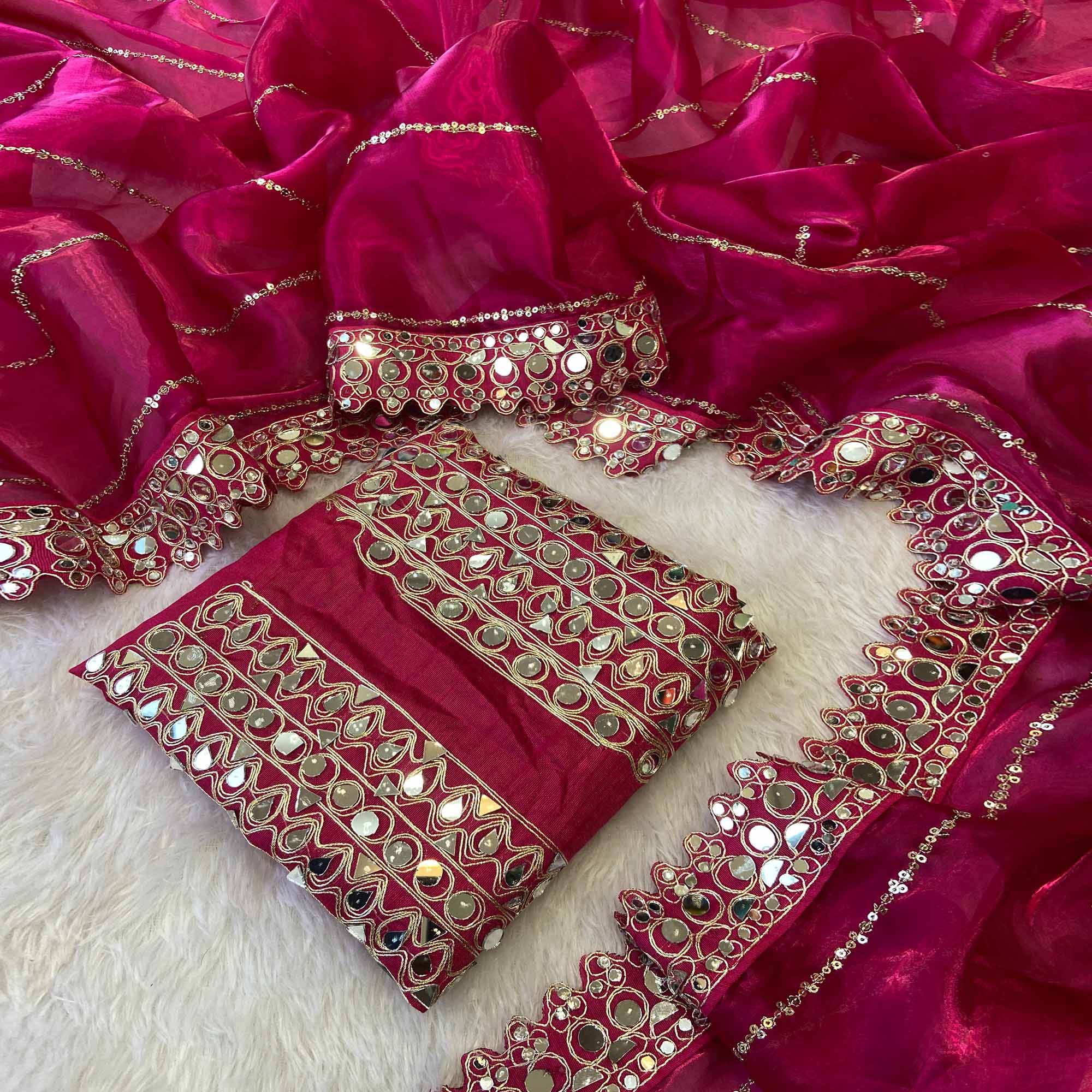 Rani Pink Jimmy Choo Satin Saree Adorned With Sequins Embroidery & Mirror Accents