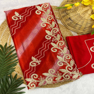 Red Chinon Saree With Timeless Bandhani Print & Exquisite Gota Patti Embroidery