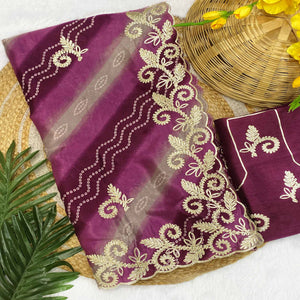 Wine Chinon Saree With Timeless Bandhani Print & Exquisite Gota Patti Embroidery