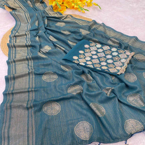 Blue Georgette Saree With Shimmering Floral Foil Print & Tassel Accented Pallu