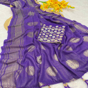 Purple Georgette Saree With Shimmering Floral Foil Print & Tassel Accented Pallu
