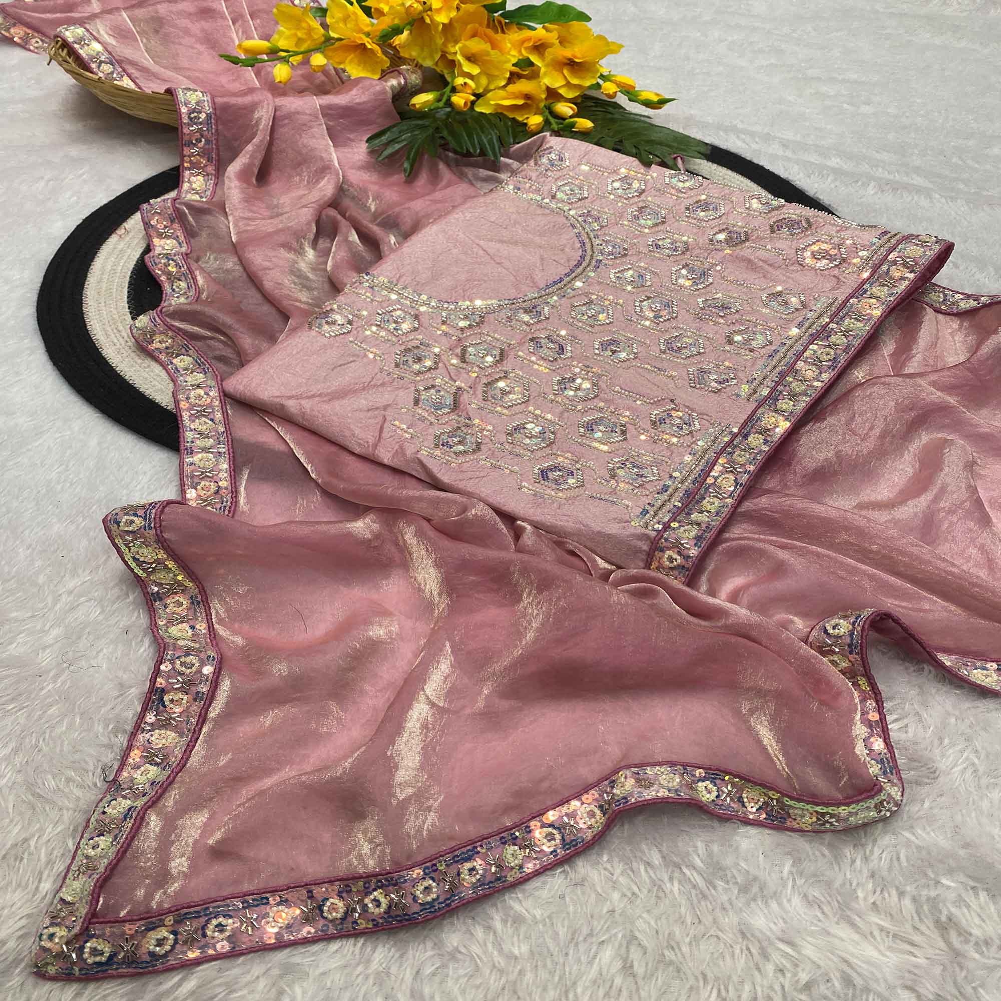 Baby Pink Satin Saree Featuring Detailed Beads & Sequins Embroidery For A Radiant Look
