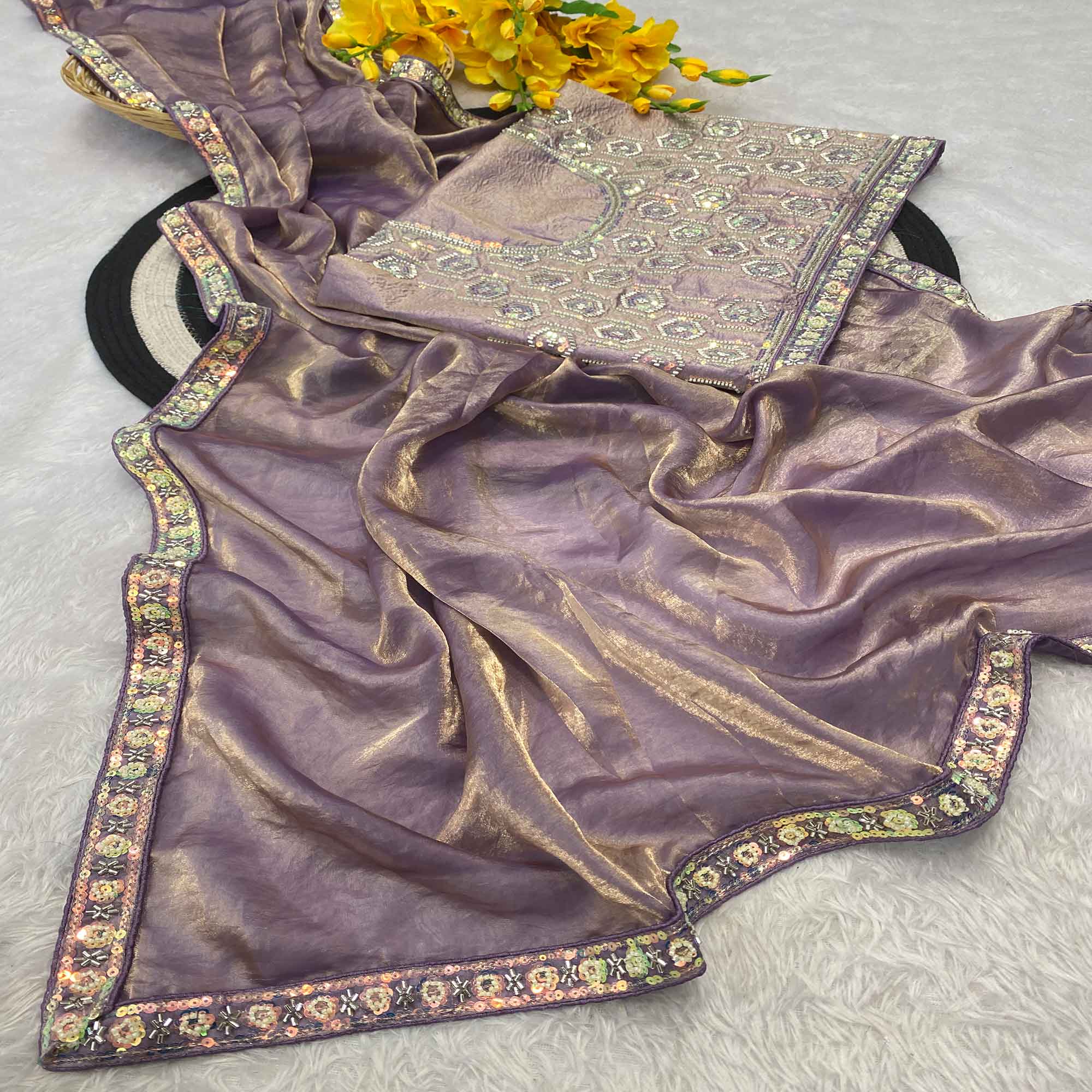 Lavender Satin Saree Featuring Detailed Beads & Sequins Embroidery For A Radiant Look