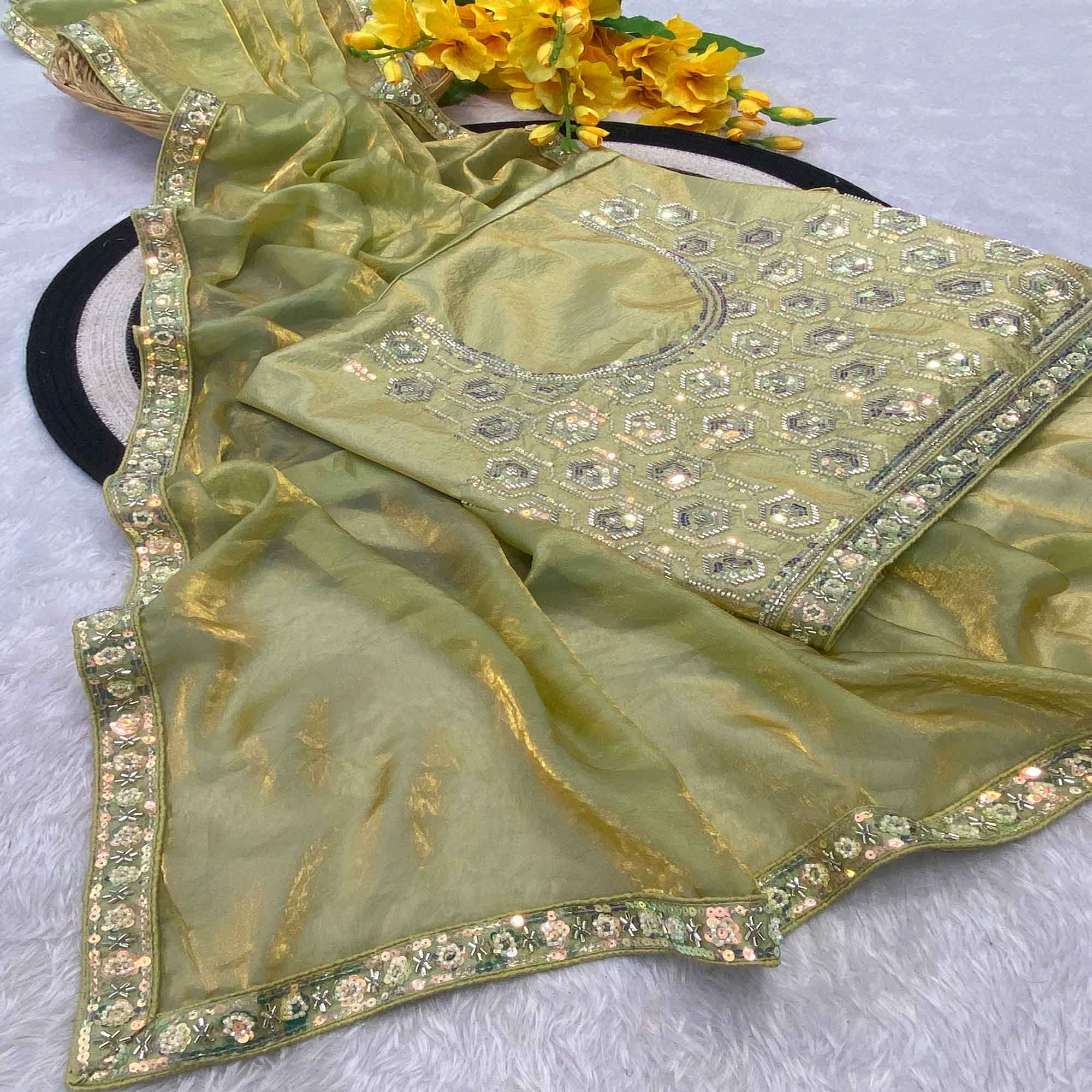 Pista Green Satin Saree Featuring Detailed Beads & Sequins Embroidery For A Radiant Look