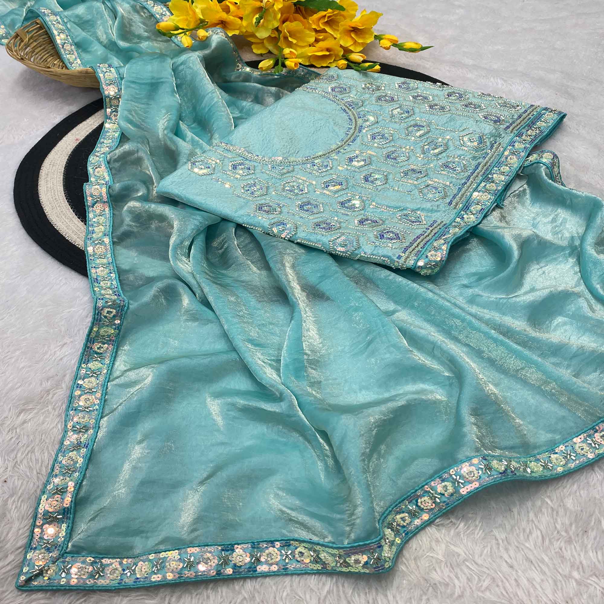 Turquoise Satin Saree Featuring Detailed Beads & Sequins Embroidery For A Radiant Look