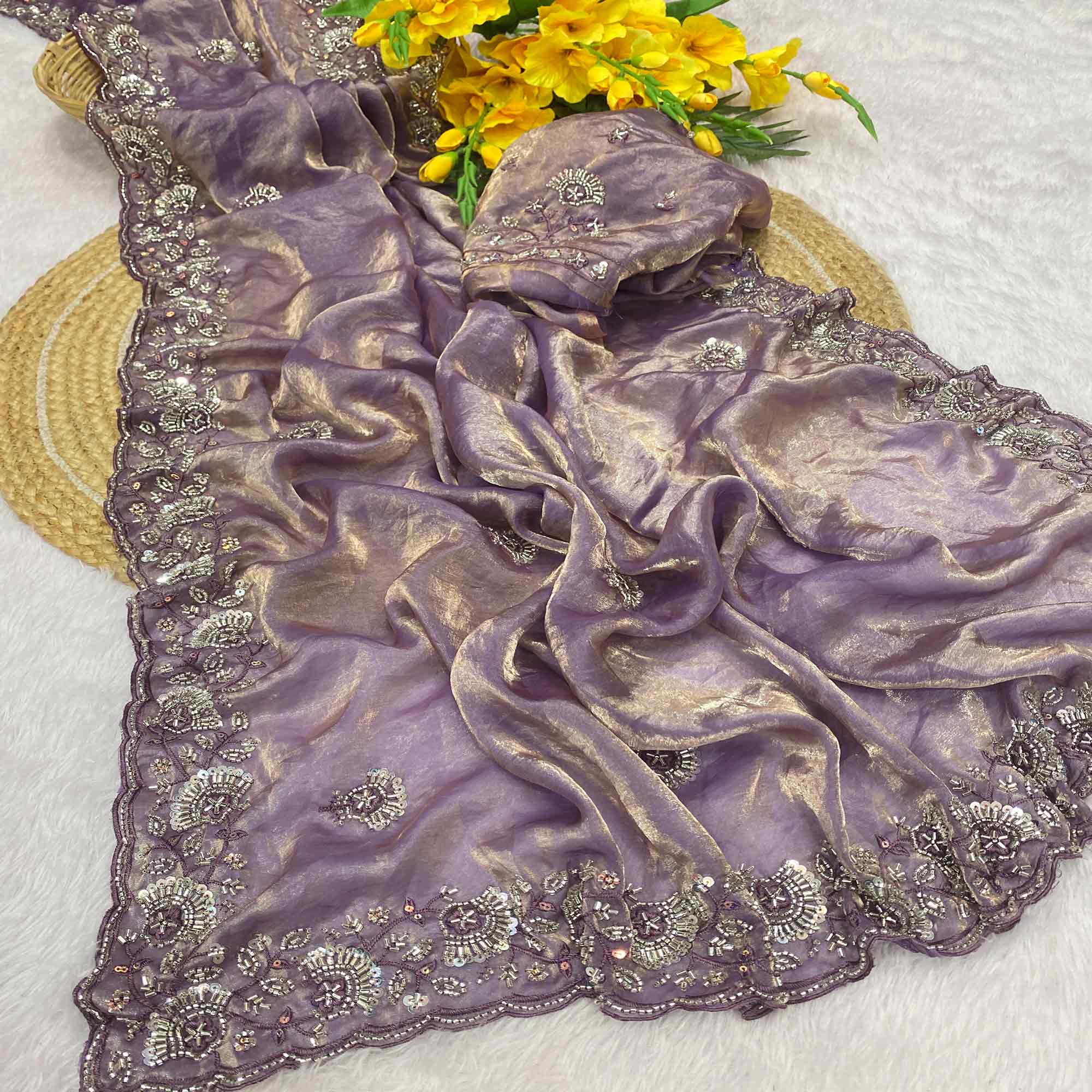 Lavender Satin Saree With Intricate Floral Beads & Cutdana With Sequins Embroidery Work