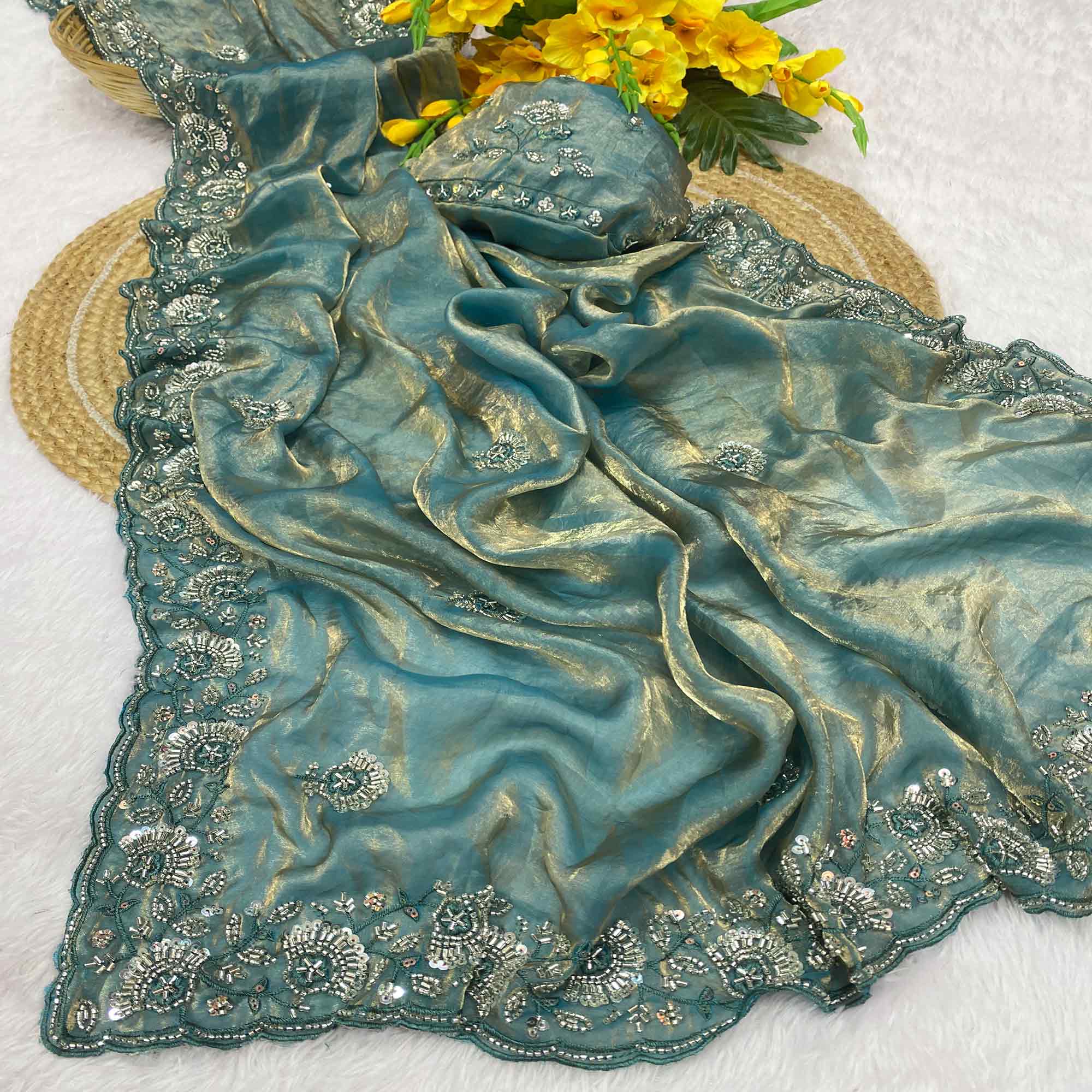 Turquoise Satin Saree With Intricate Floral Beads & Cutdana With Sequins Embroidery Work