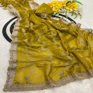 Mustard Crunchy Chiffon Silk Saree Delicate Thread Motifs Ethnic Elegance