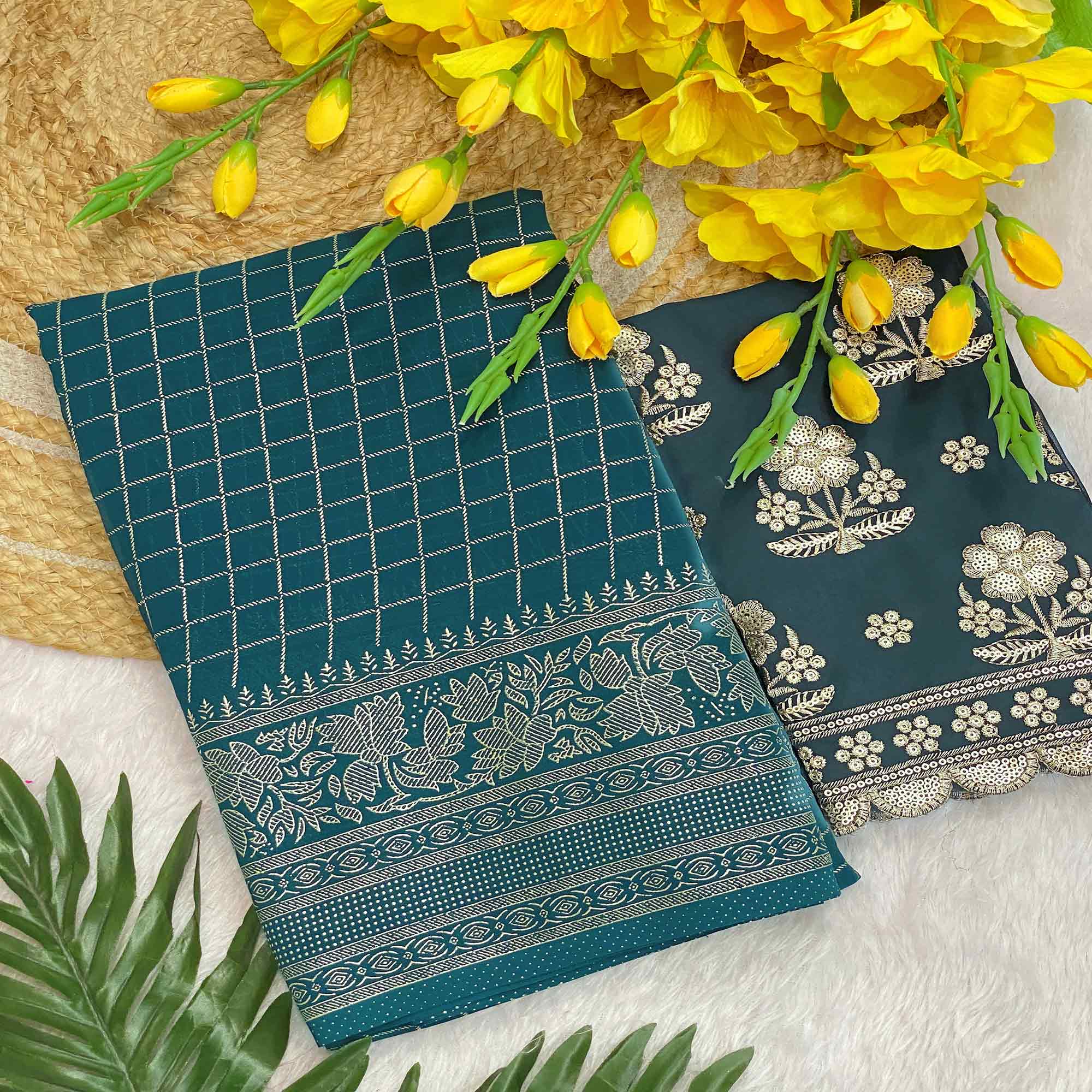 Dark Teal Blue Georgette Saree with Elegant Foil Printed Checkered Pattern