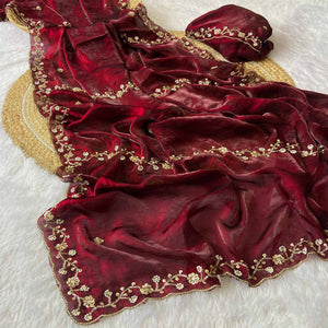 Maroon Satin Saree Embellished With Beads and Sequins Embroidery Work