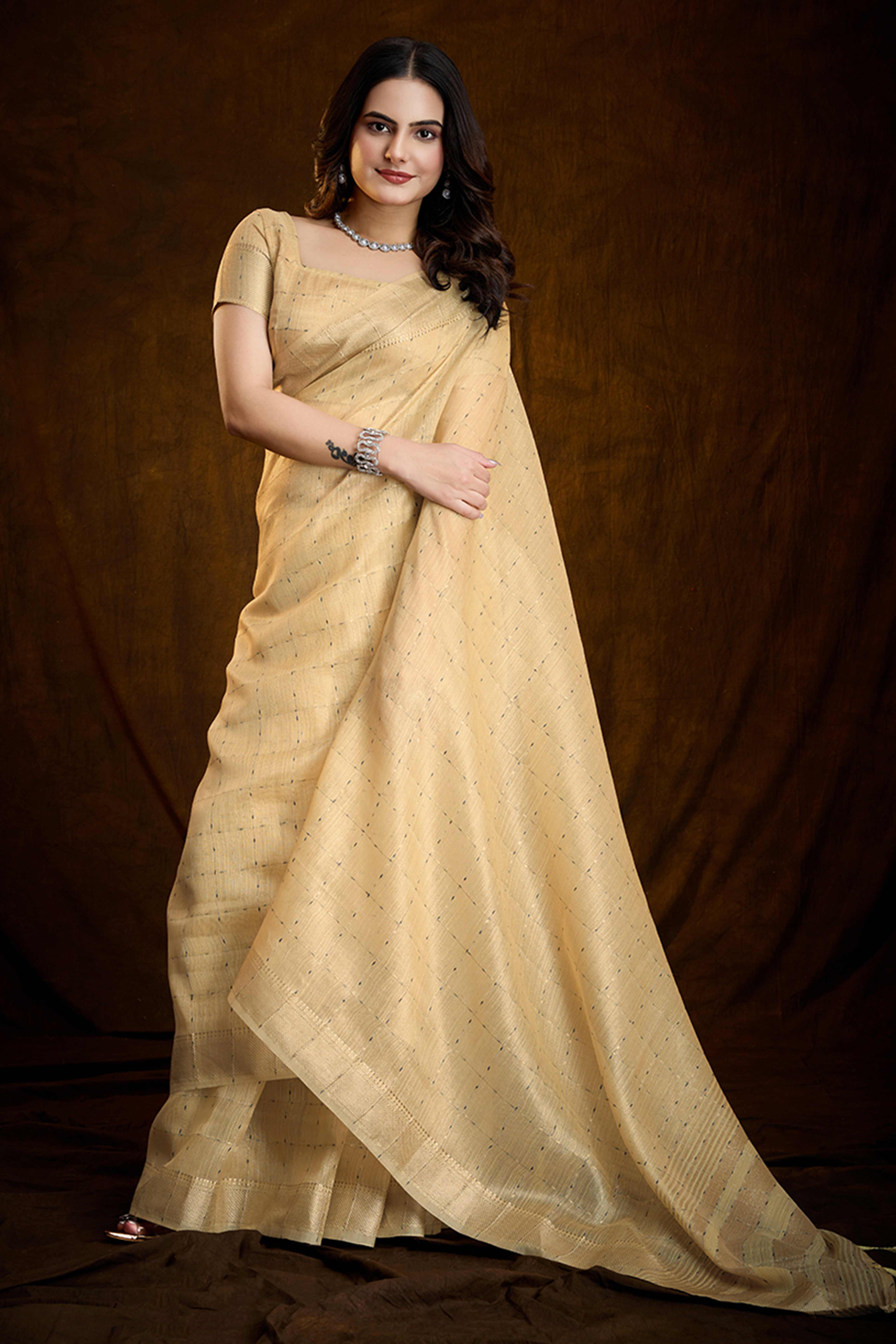 Yellow Cotton Silk Saree with Rich Zari Weaving in Checkered Style