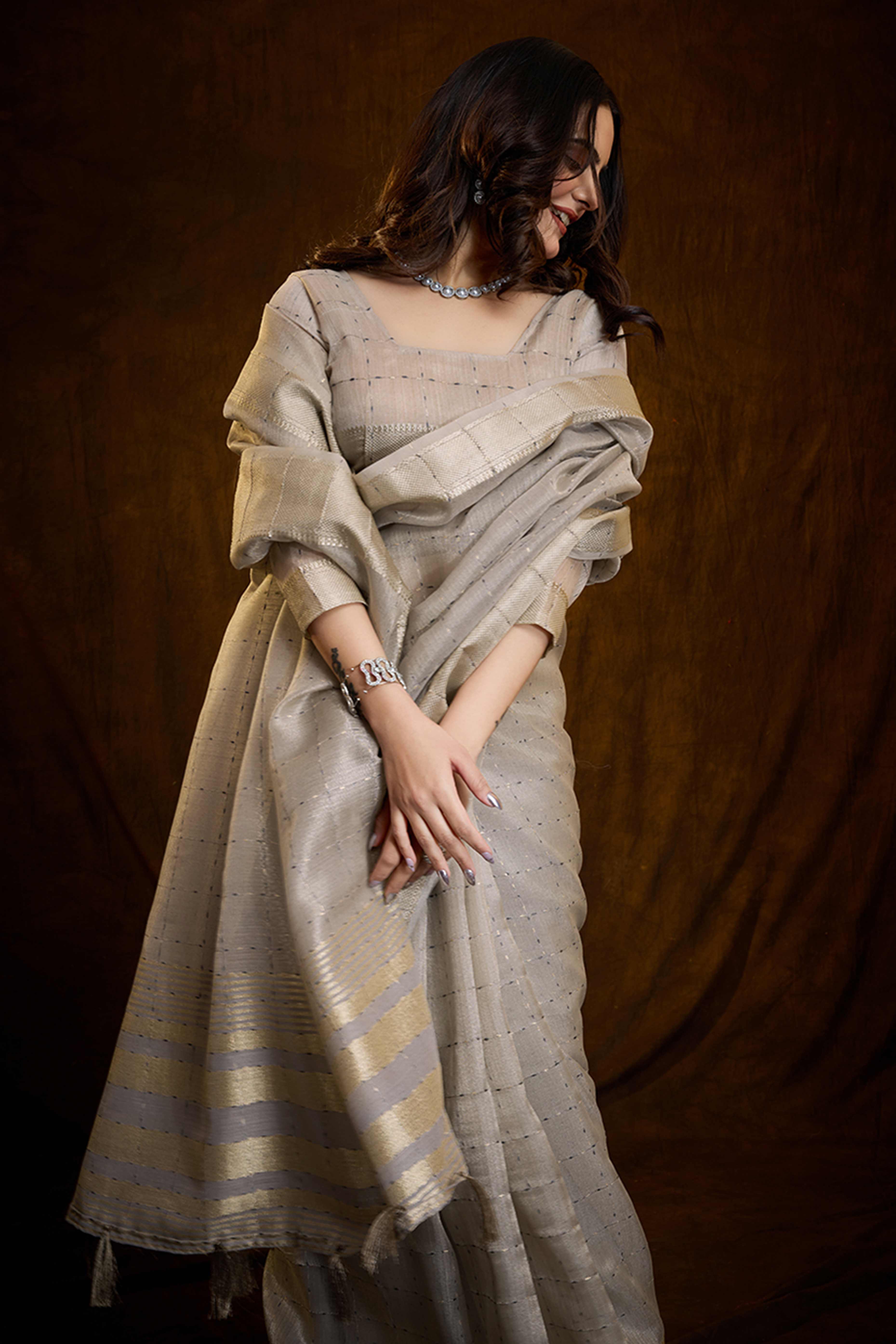 Grey Cotton Silk Saree with Rich Zari Weaving in Checkered Style