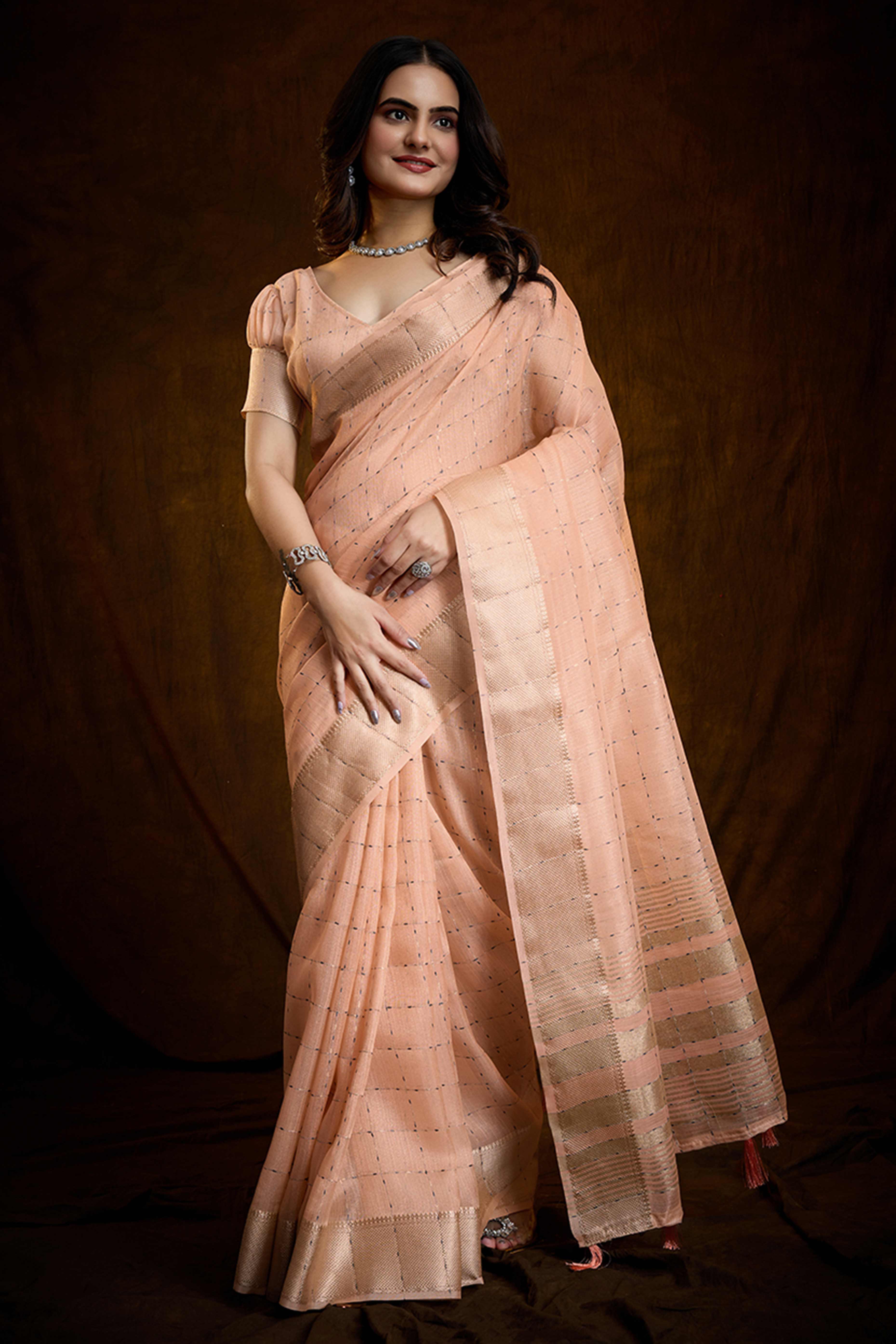 Pastel Peach Cotton Silk Saree with Rich Zari Weaving in Checkered Style