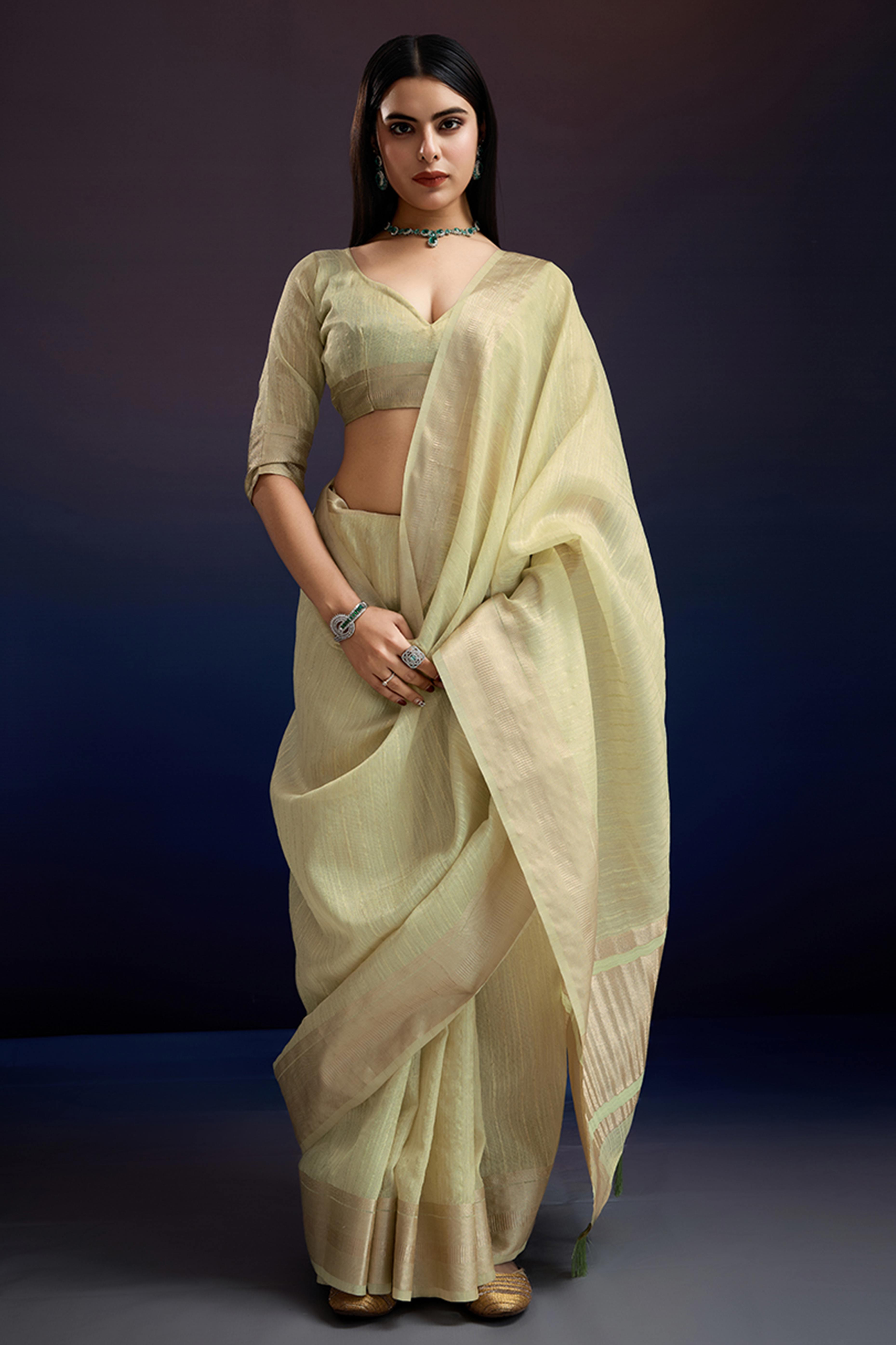 Festive Wear Green Zari Woven Saree in Pure Linen Fabric