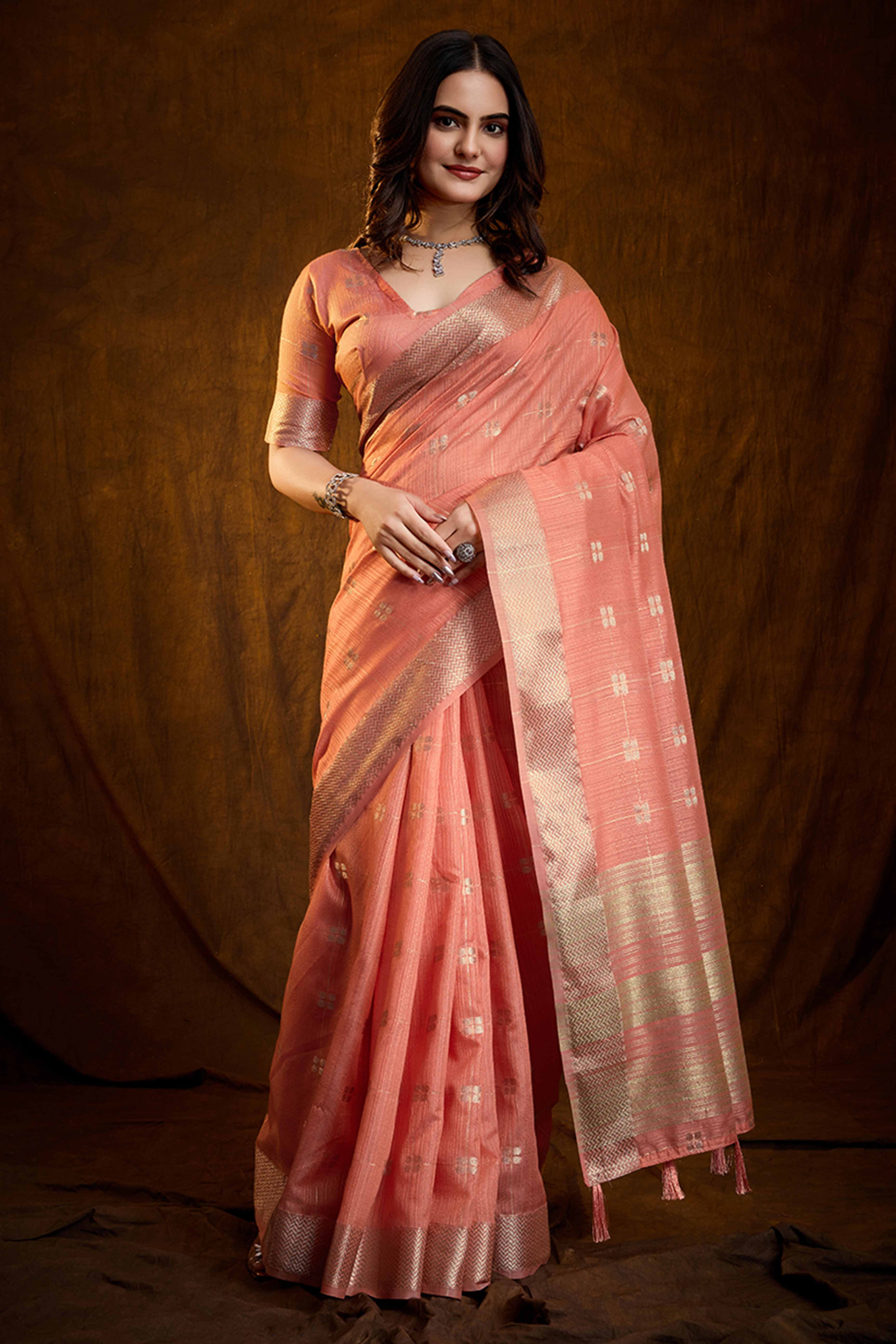Peach Zari Woven Saree in Lustrous Cotton Silk Fabric