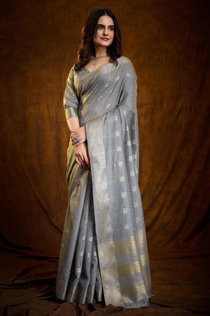 Grey Zari Woven Saree in Lustrous Cotton Silk Fabric