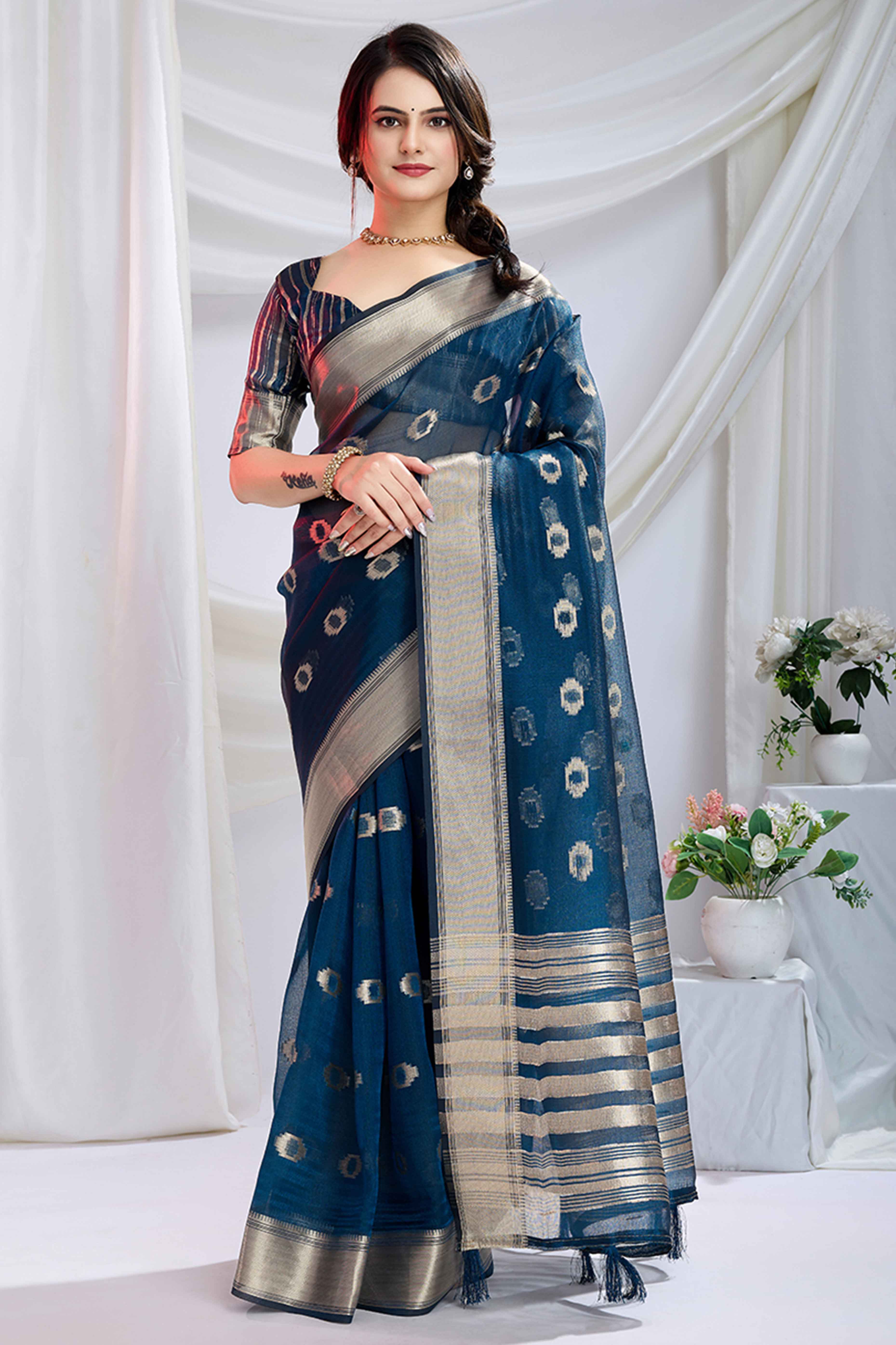 Navy Blue Zari Butti Saree in Lightweight Tissue Fabric