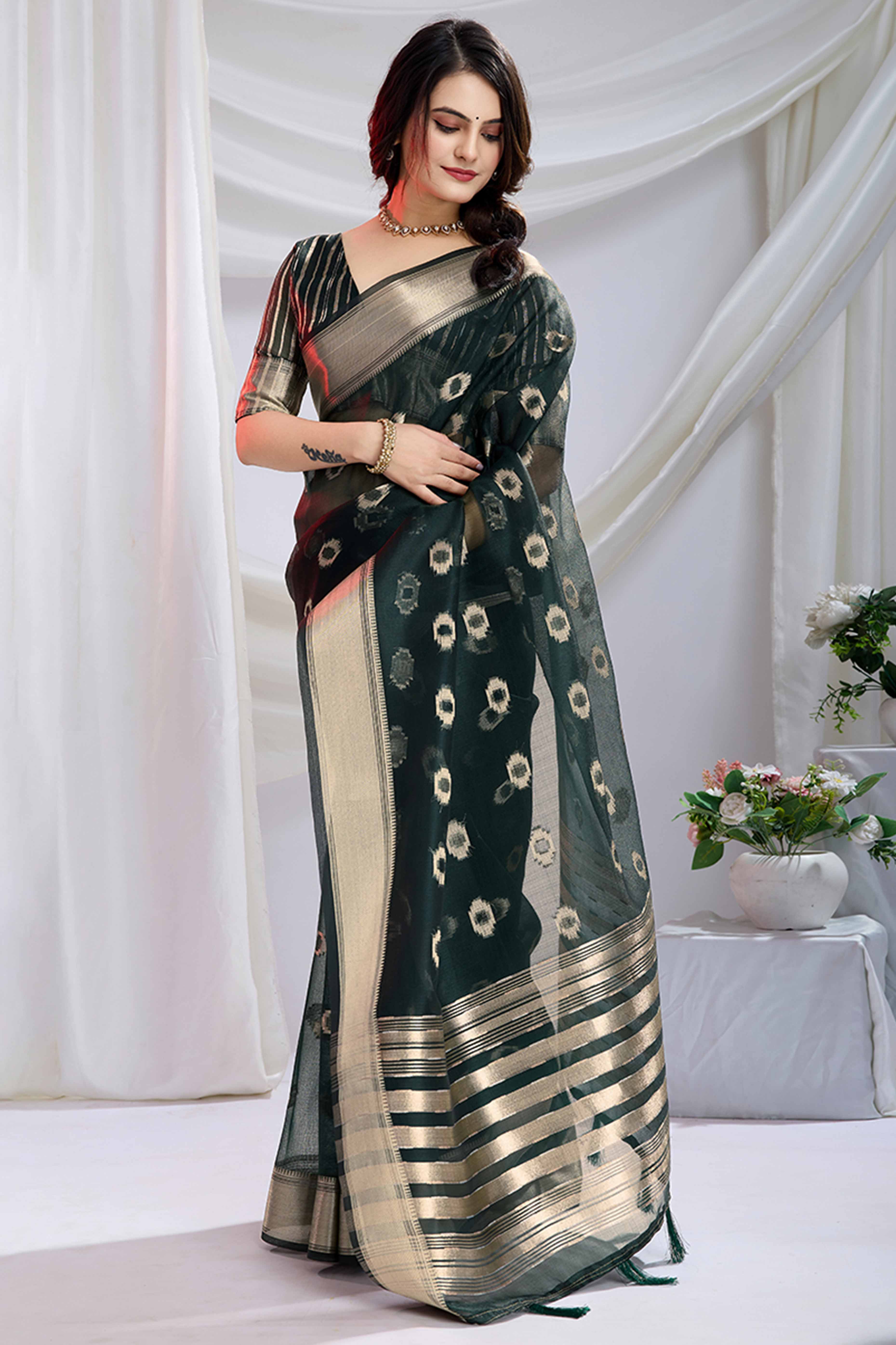 Dark Green Zari Butti Saree in Lightweight Tissue Fabric