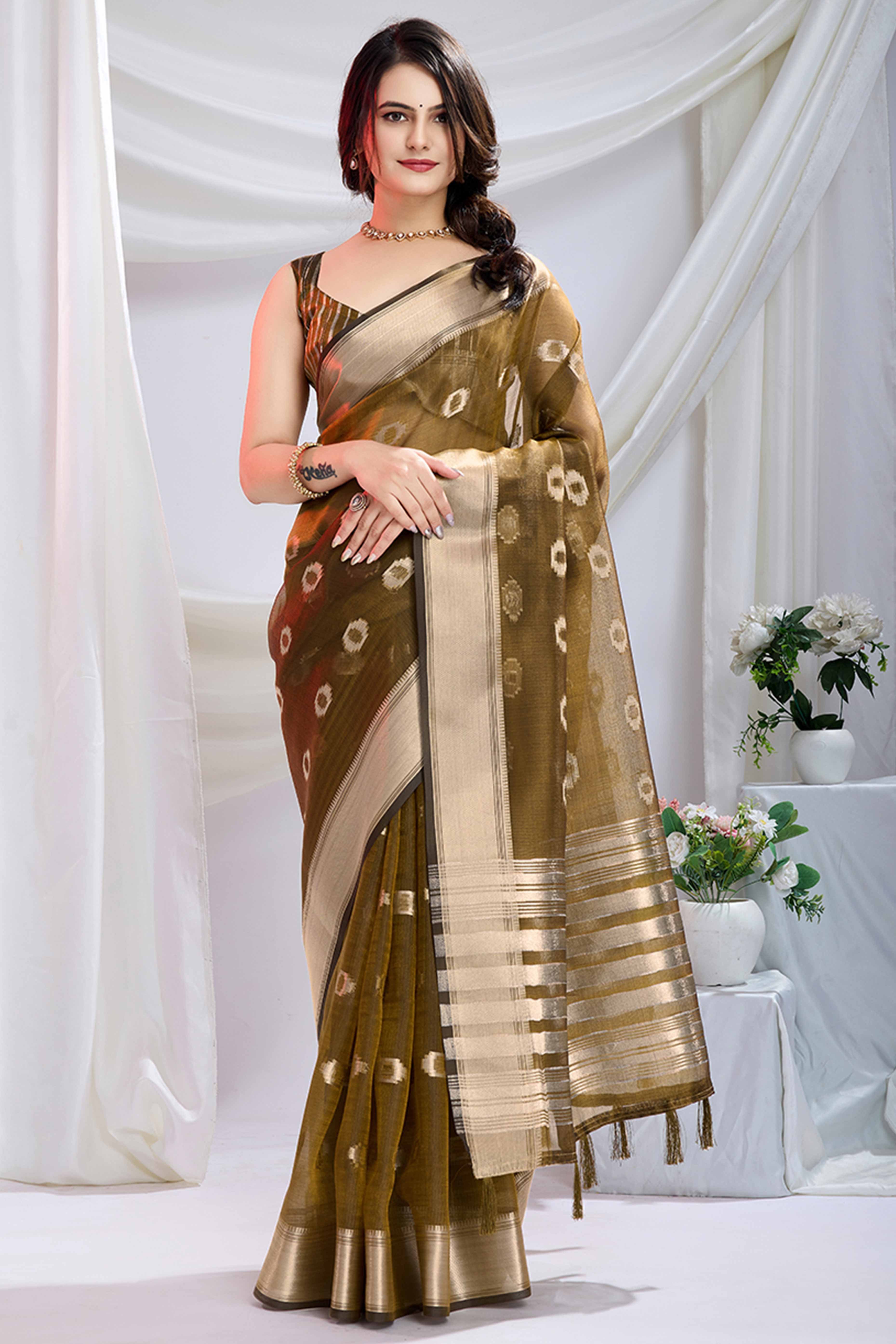 Olive Zari Butti Saree in Lightweight Tissue Fabric