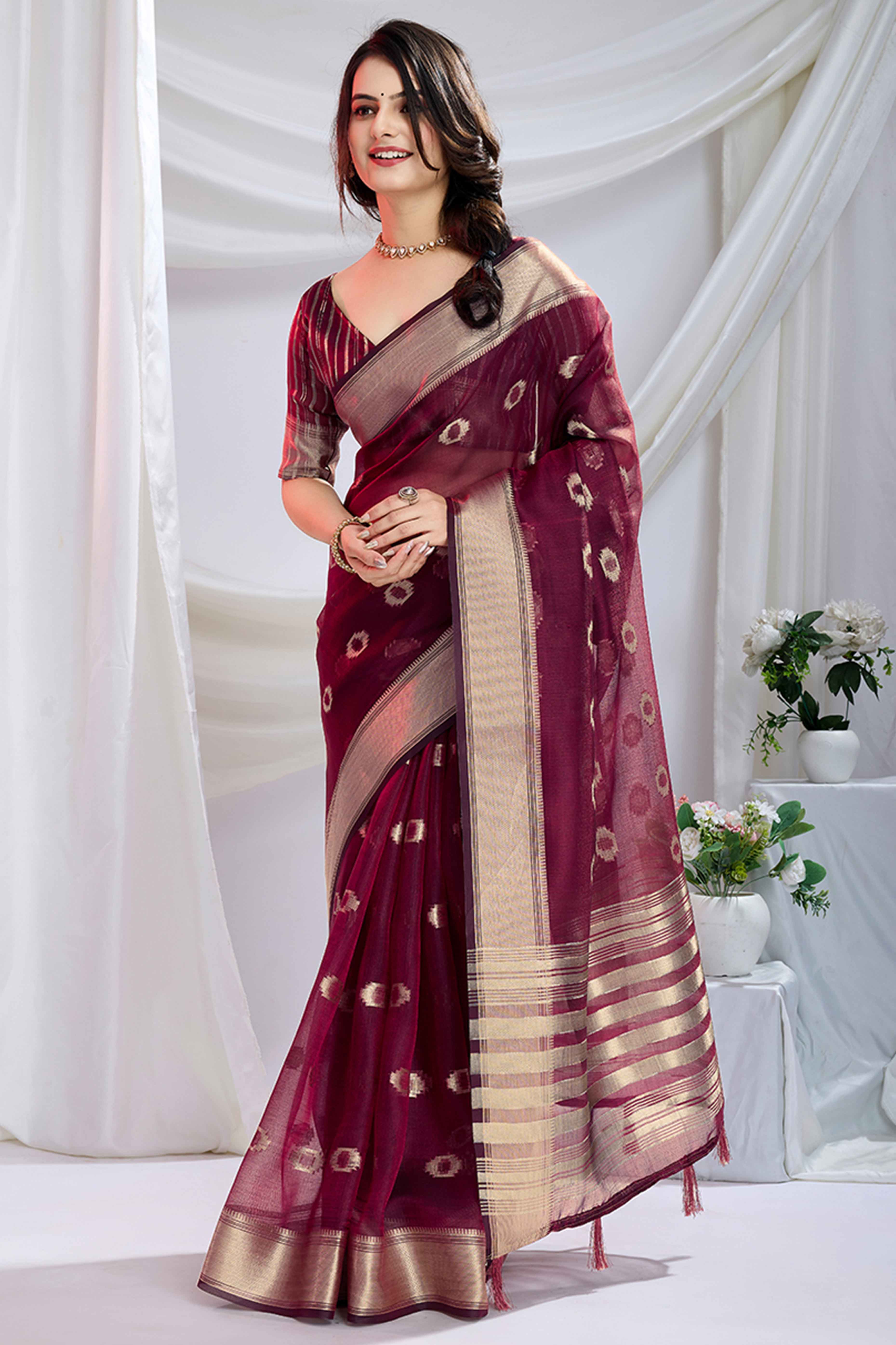 Dark Maroon Zari Butti Saree in Lightweight Tissue Fabric