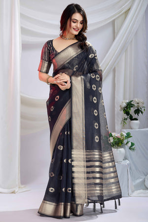 Grey Zari Butti Saree in Lightweight Tissue Fabric