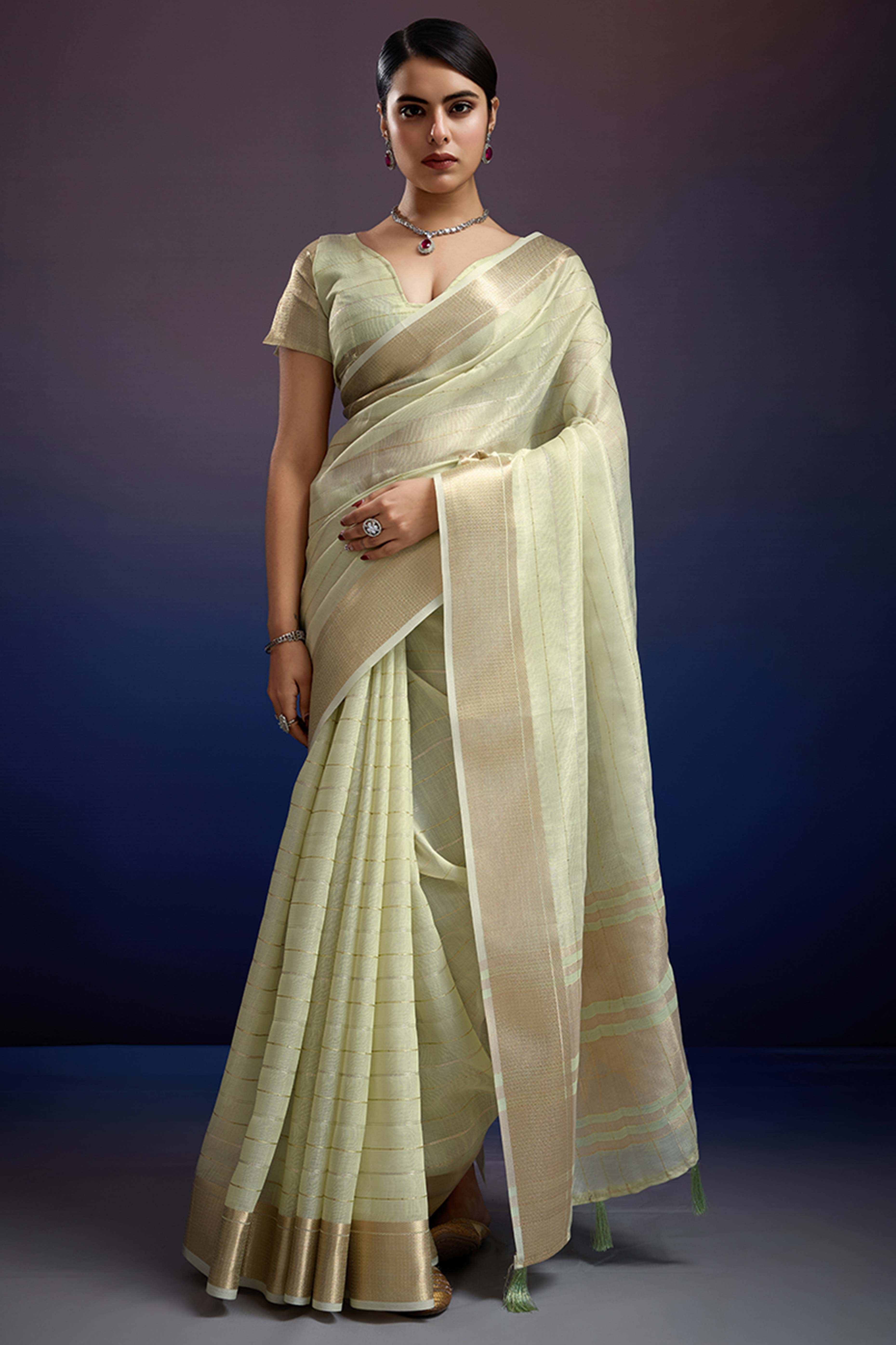 Pista Green Pure Linen Saree with Gold Toned Zari Weave