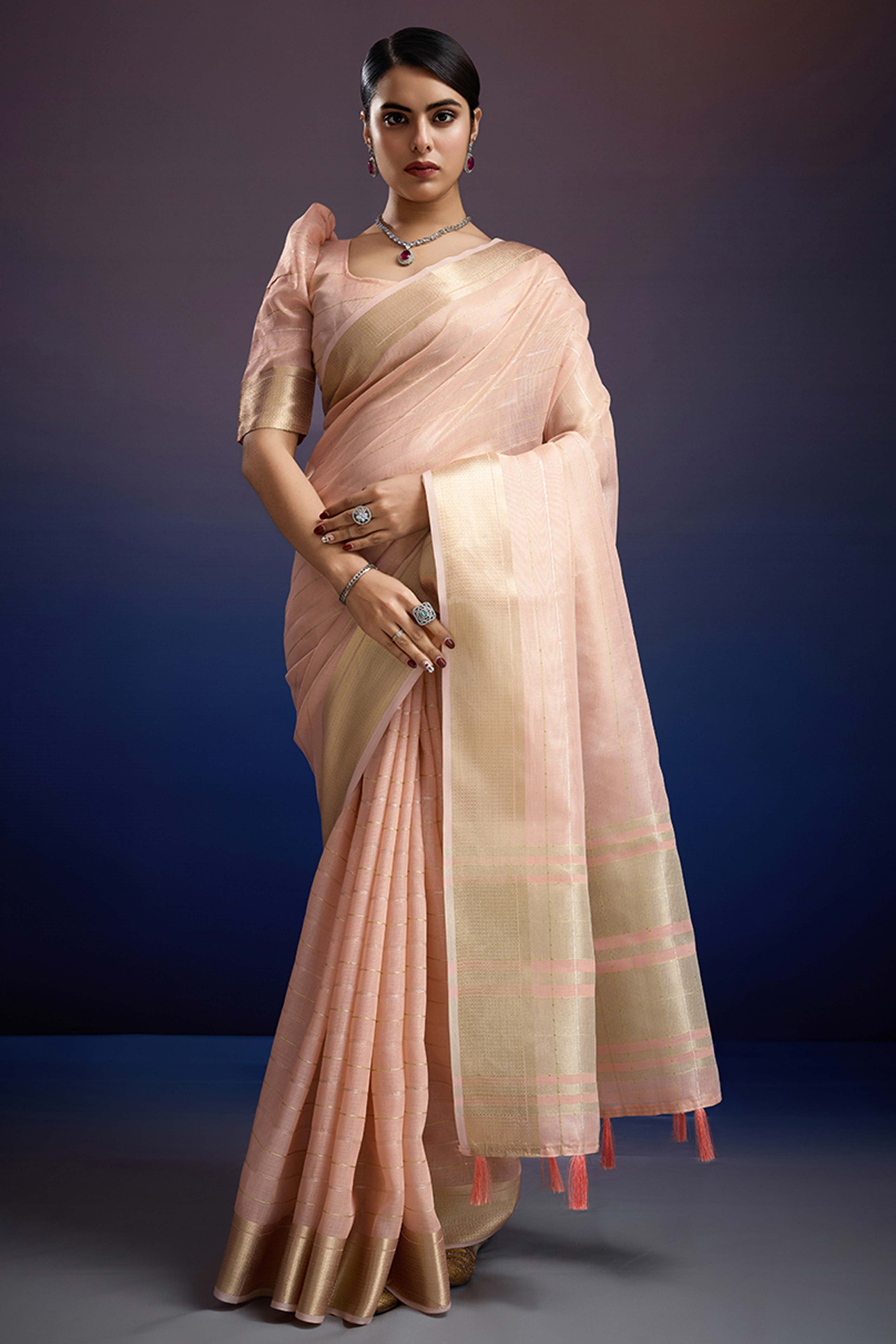 Light Peach Pure Linen Saree with Gold Toned Zari Weave