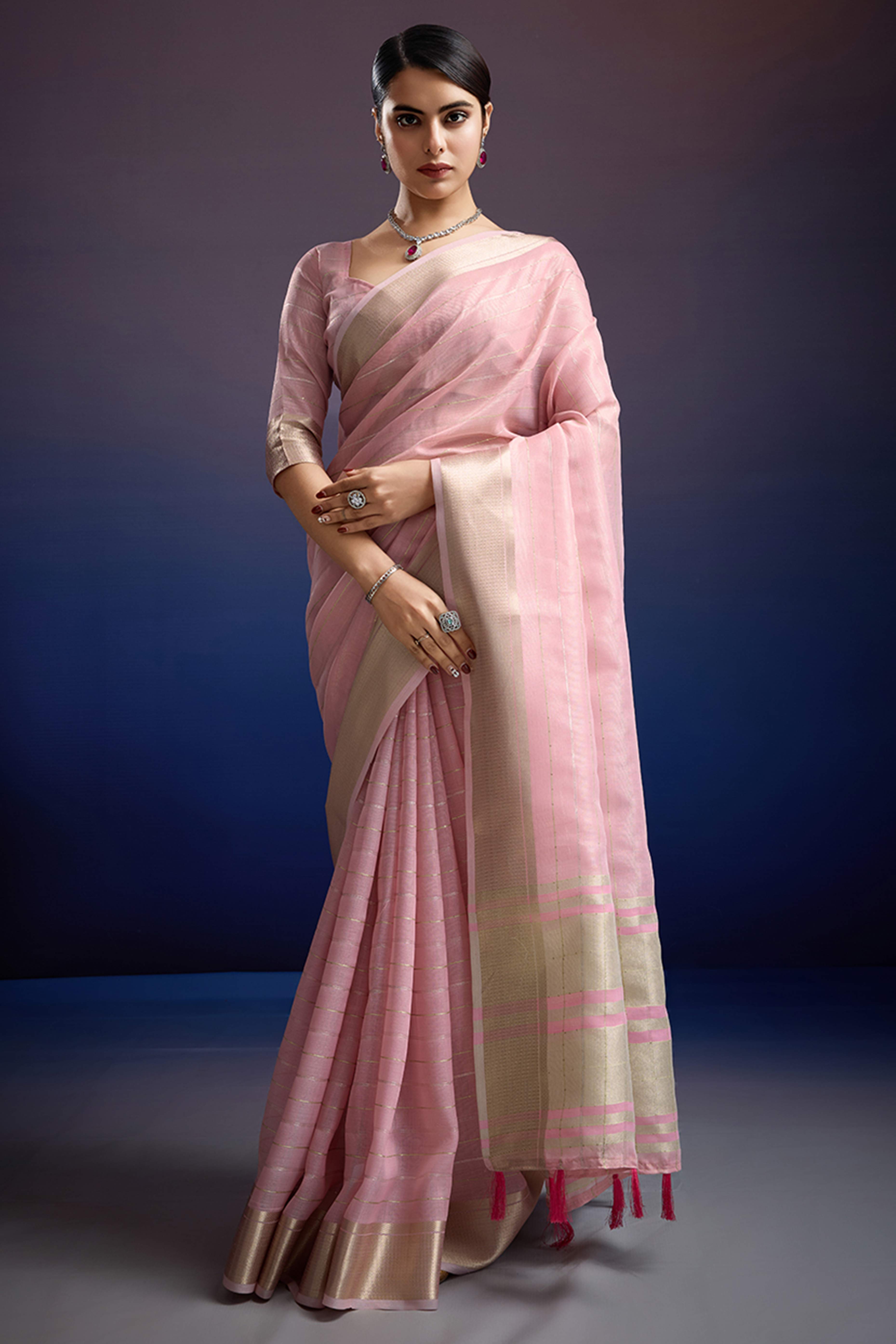 Soft Pink Pure Linen Saree with Gold Toned Zari Weave
