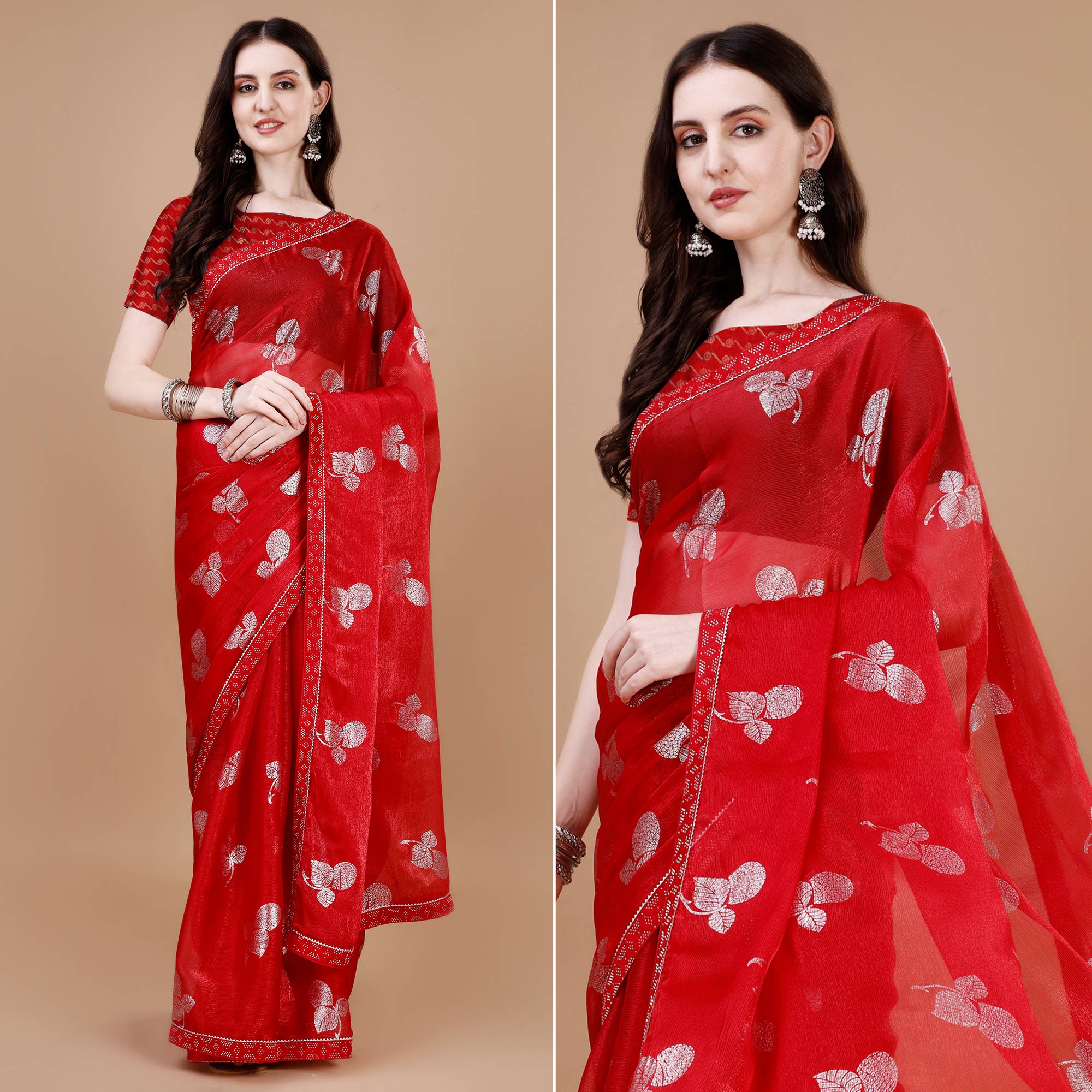 Red Floral Foil Printed Chiffon Saree