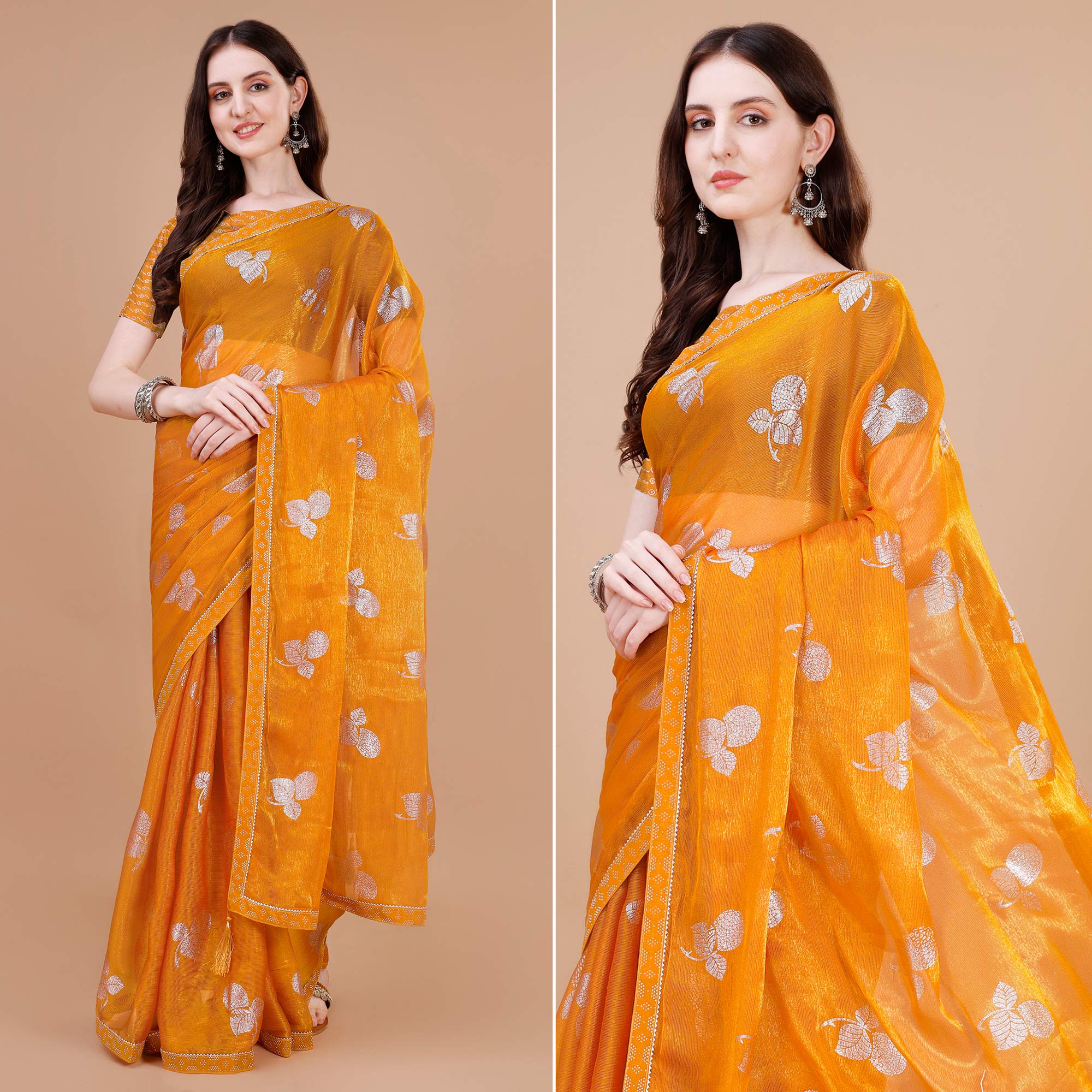 Orange Floral Foil Printed Chiffon Saree