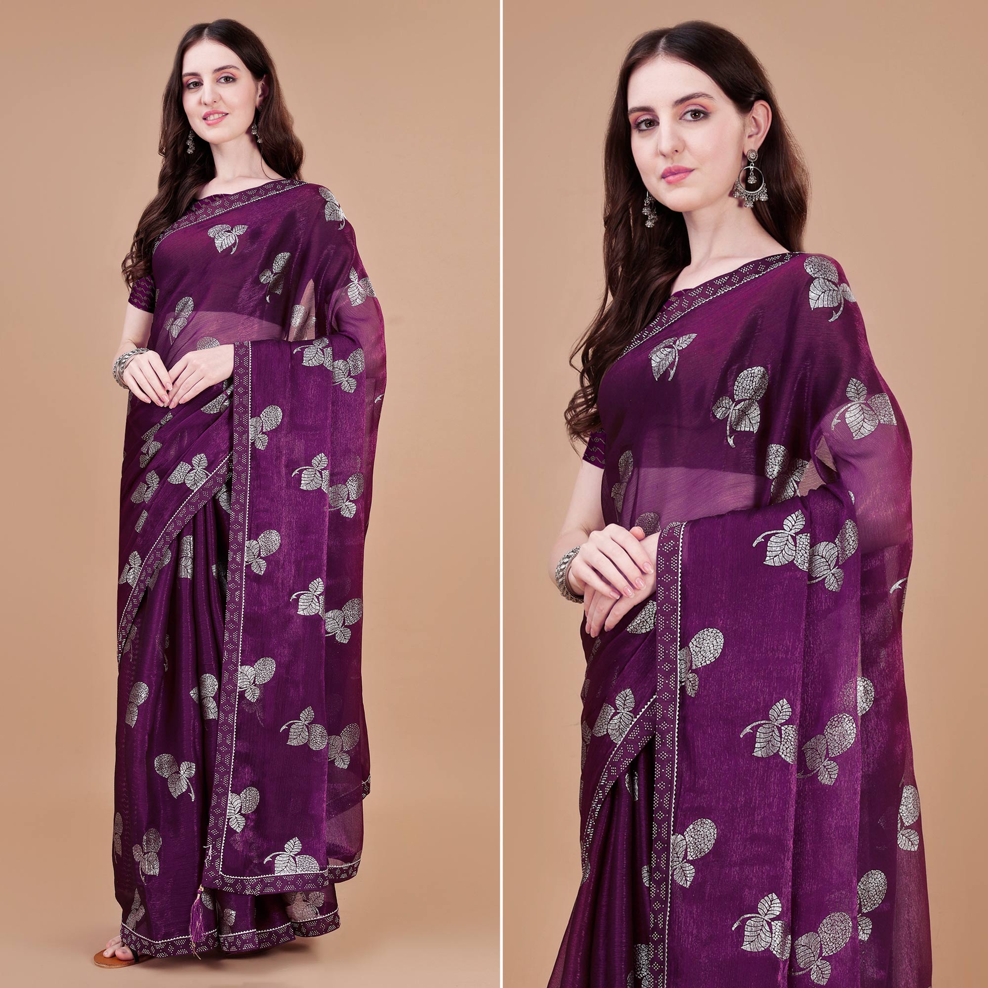 Purple Floral Foil Printed Chiffon Saree