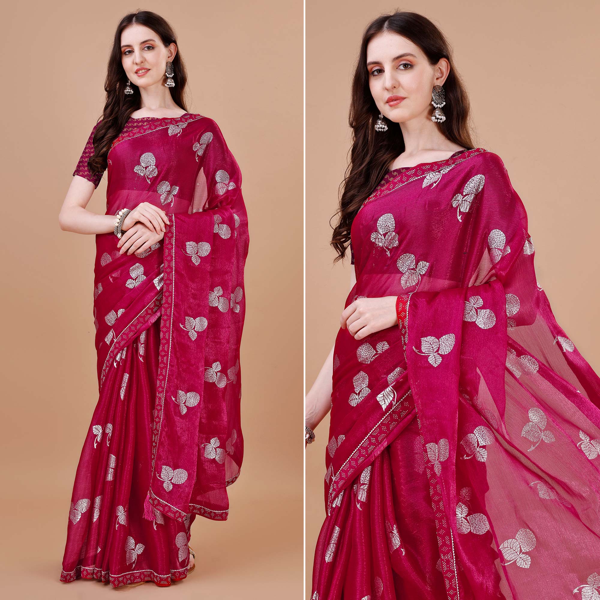 Pink Floral Foil Printed Chiffon Saree