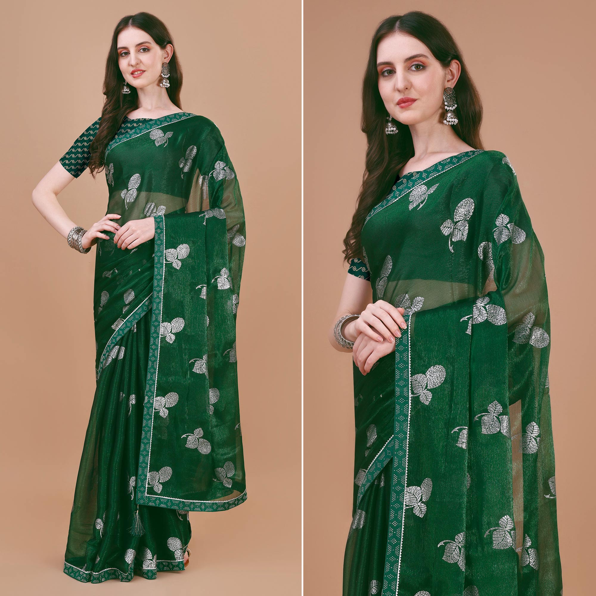 Green Floral Foil Printed Chiffon Saree