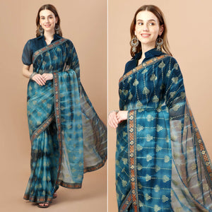 Blue Foil Printed Lycra Saree With Lace Border