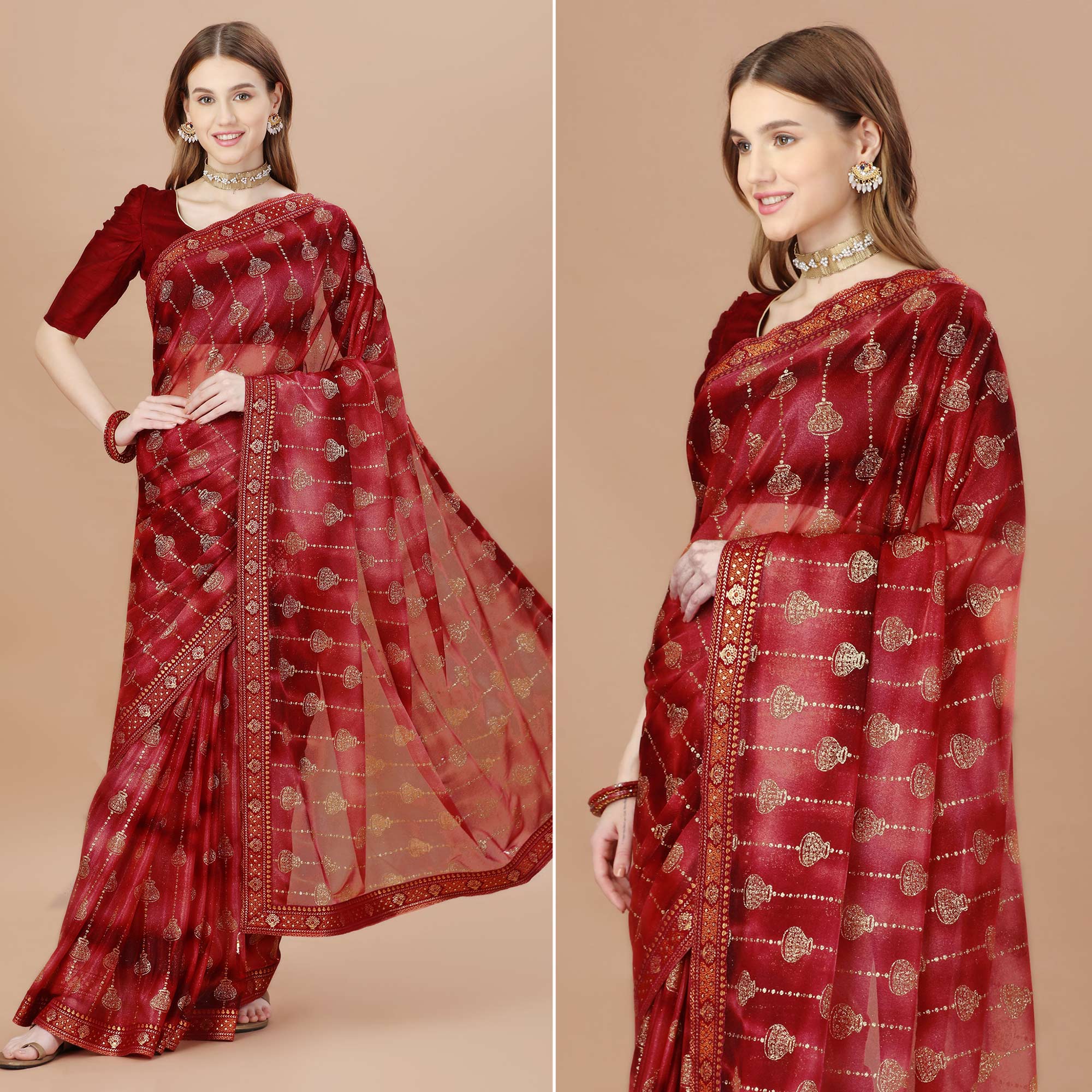 Maroon Foil Printed Lycra Saree With Lace Border