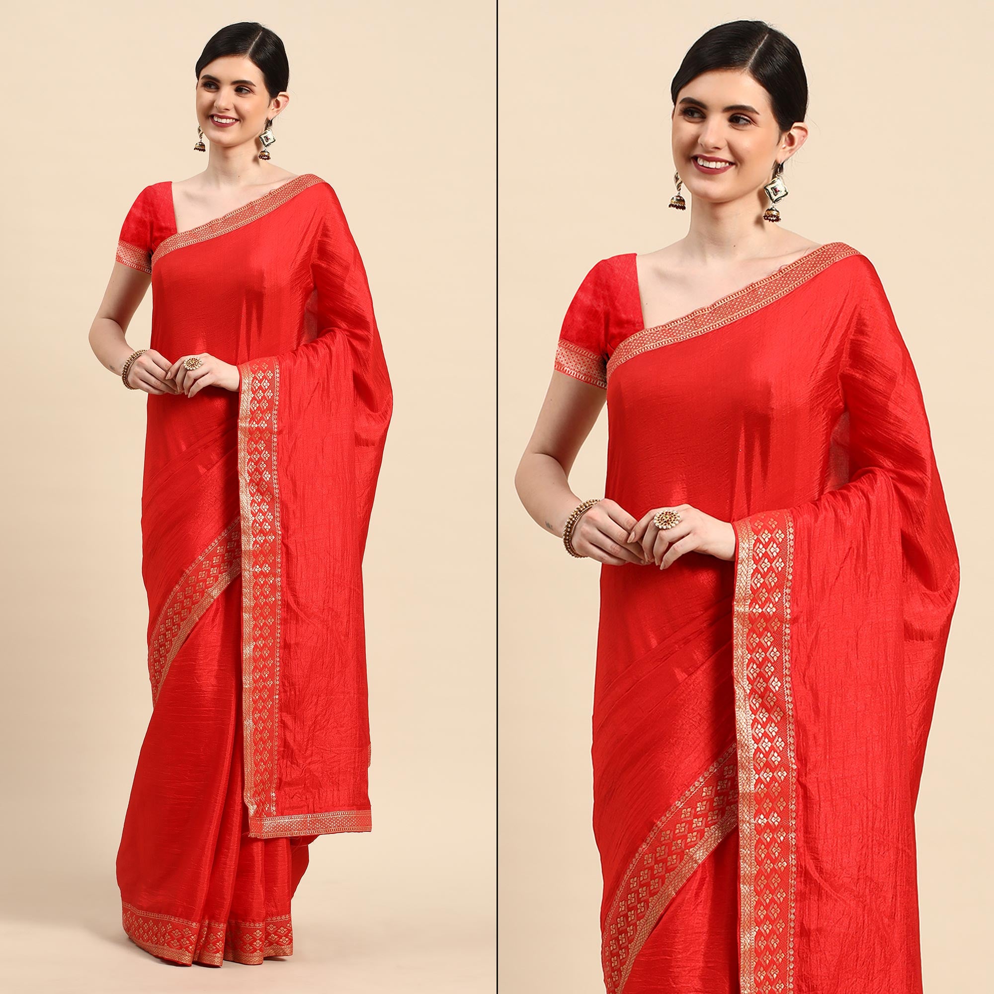 Red Solid Vichitra Silk Saree With Zari Border