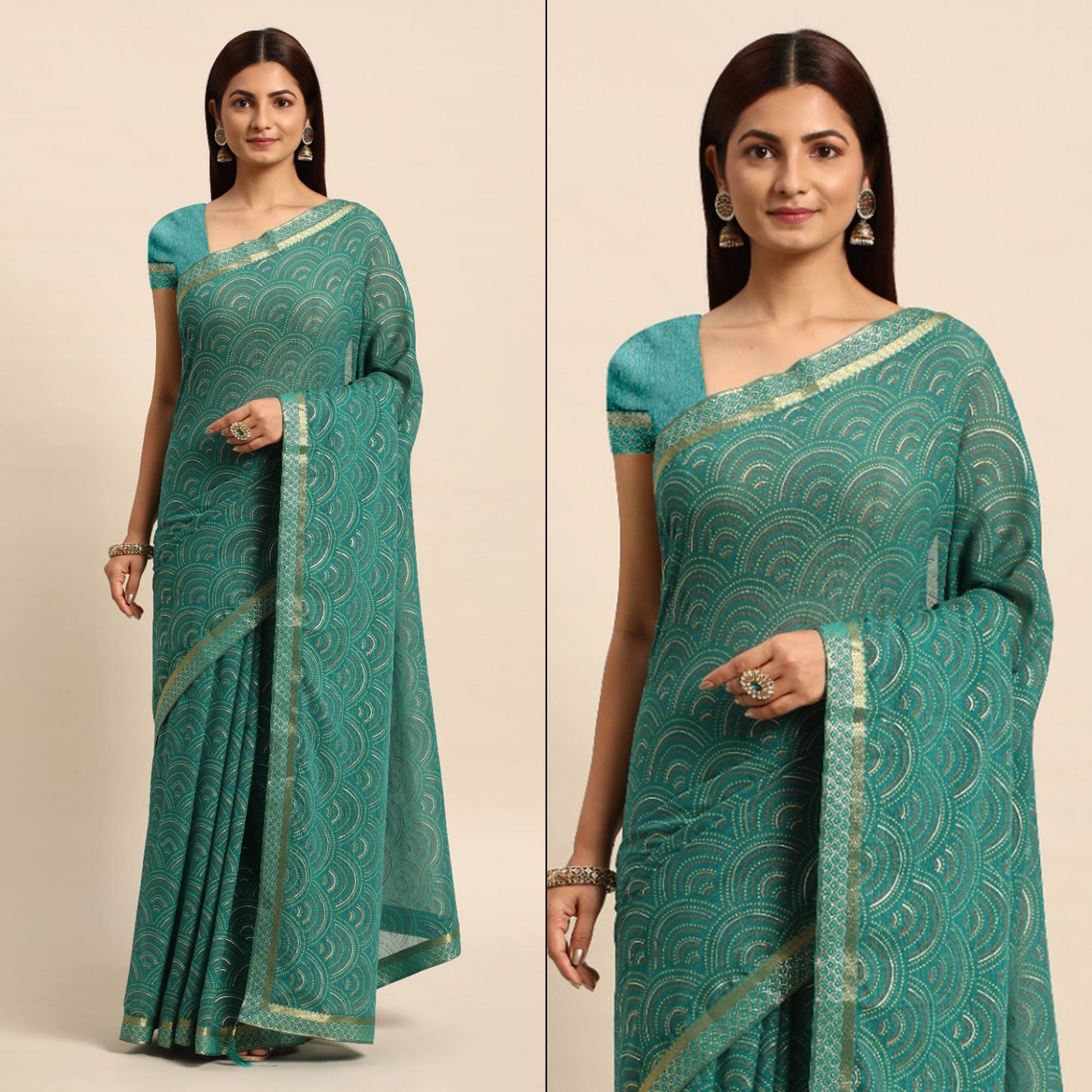 Teal Green Foil Printed Chiffon Saree With Tassels