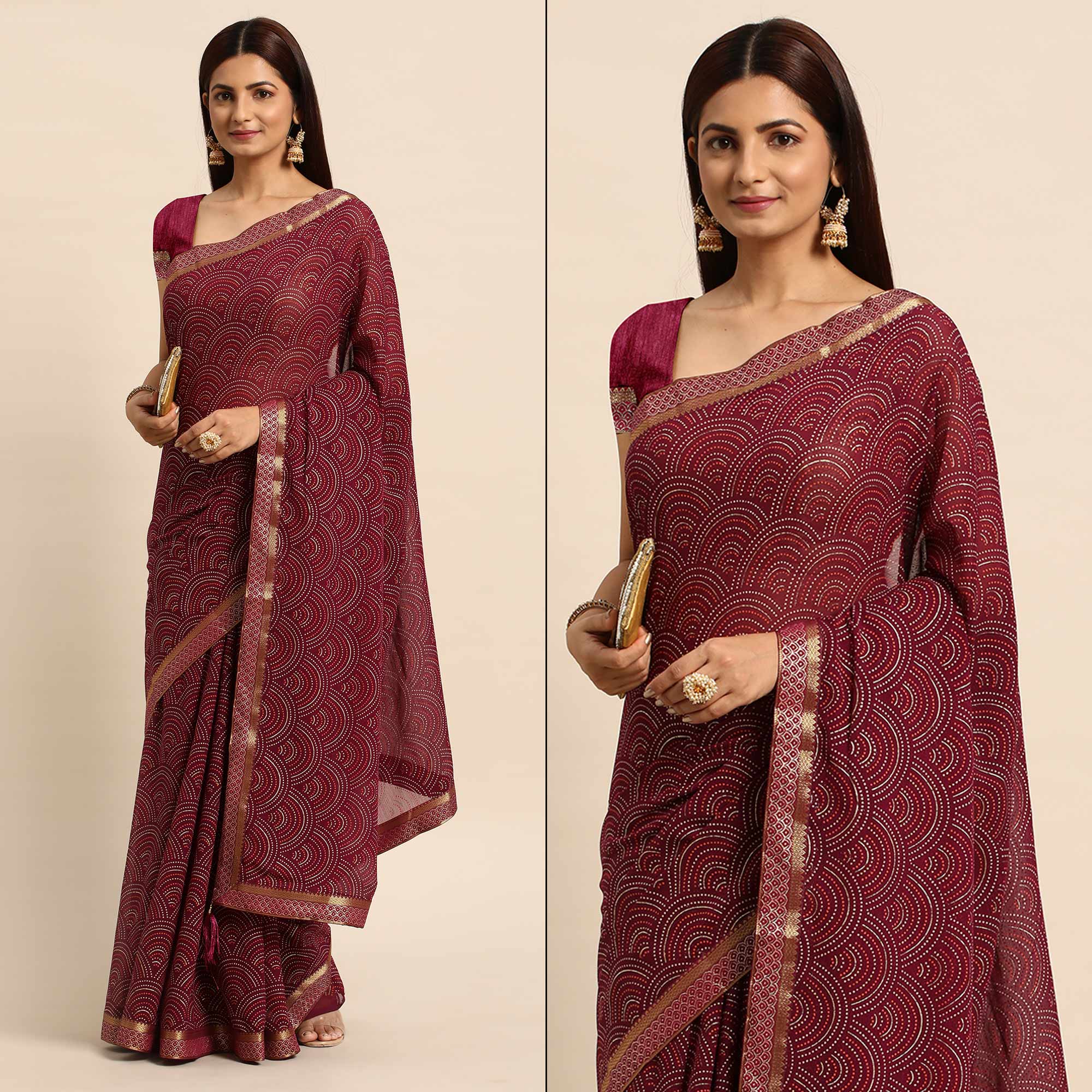 Wine Foil Printed Chiffon Saree With Tassels