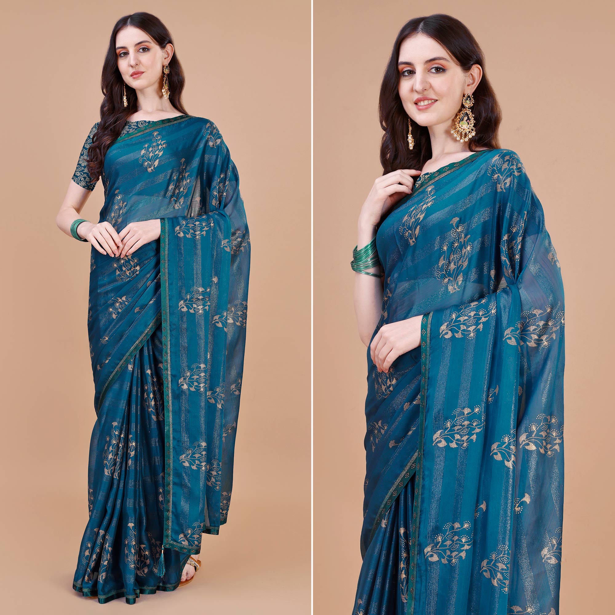 Blue Foil Printed Chiffon Saree With Lace Border