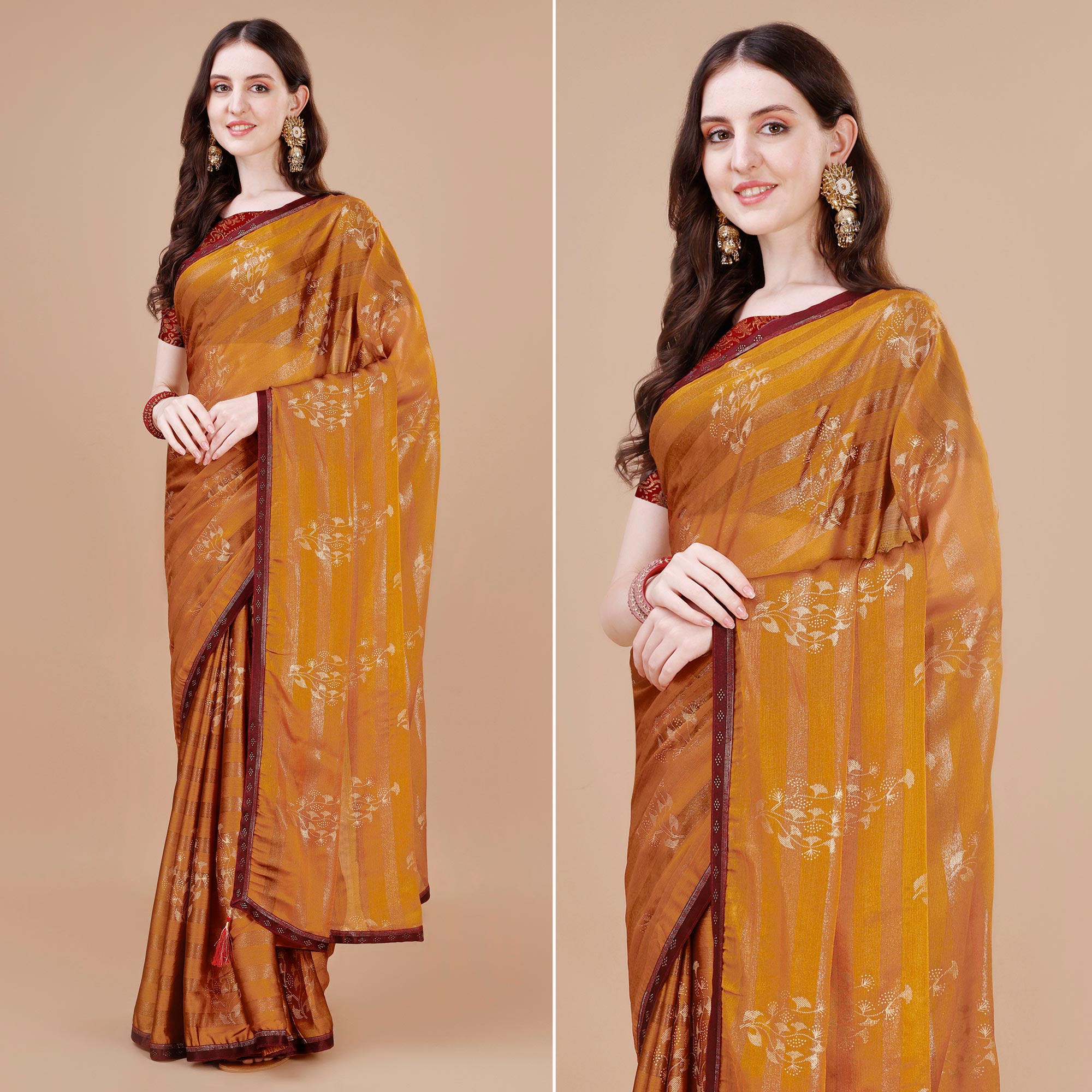 Mustard Foil Printed Chiffon Saree With Lace Border