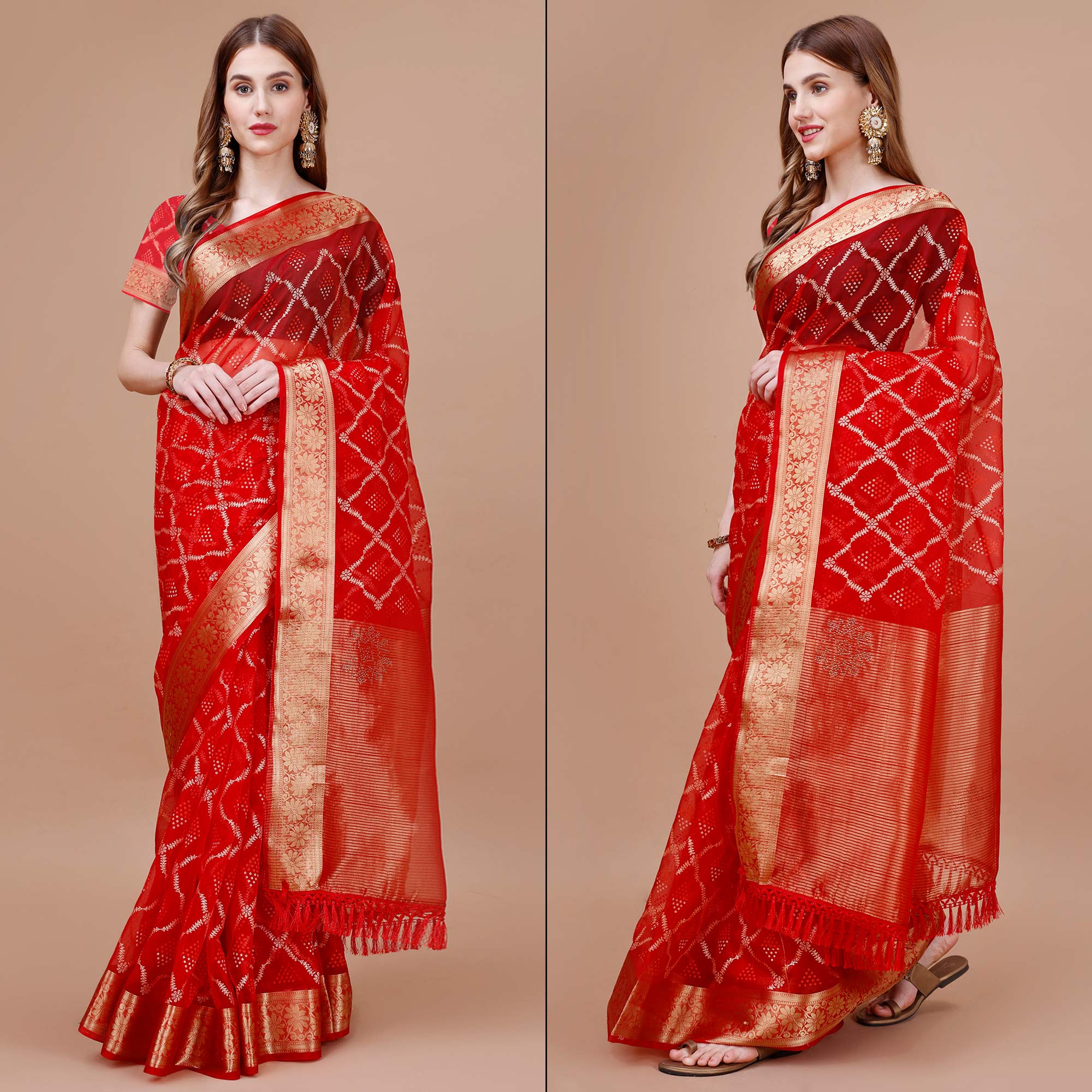 Red Bandhani Printed Organza Saree With Woven Border