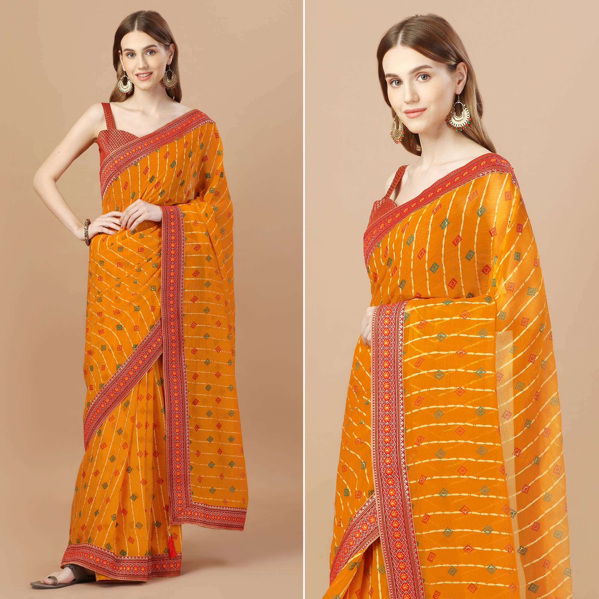 Orange Foil Printed Chiffon Saree With Lace Border