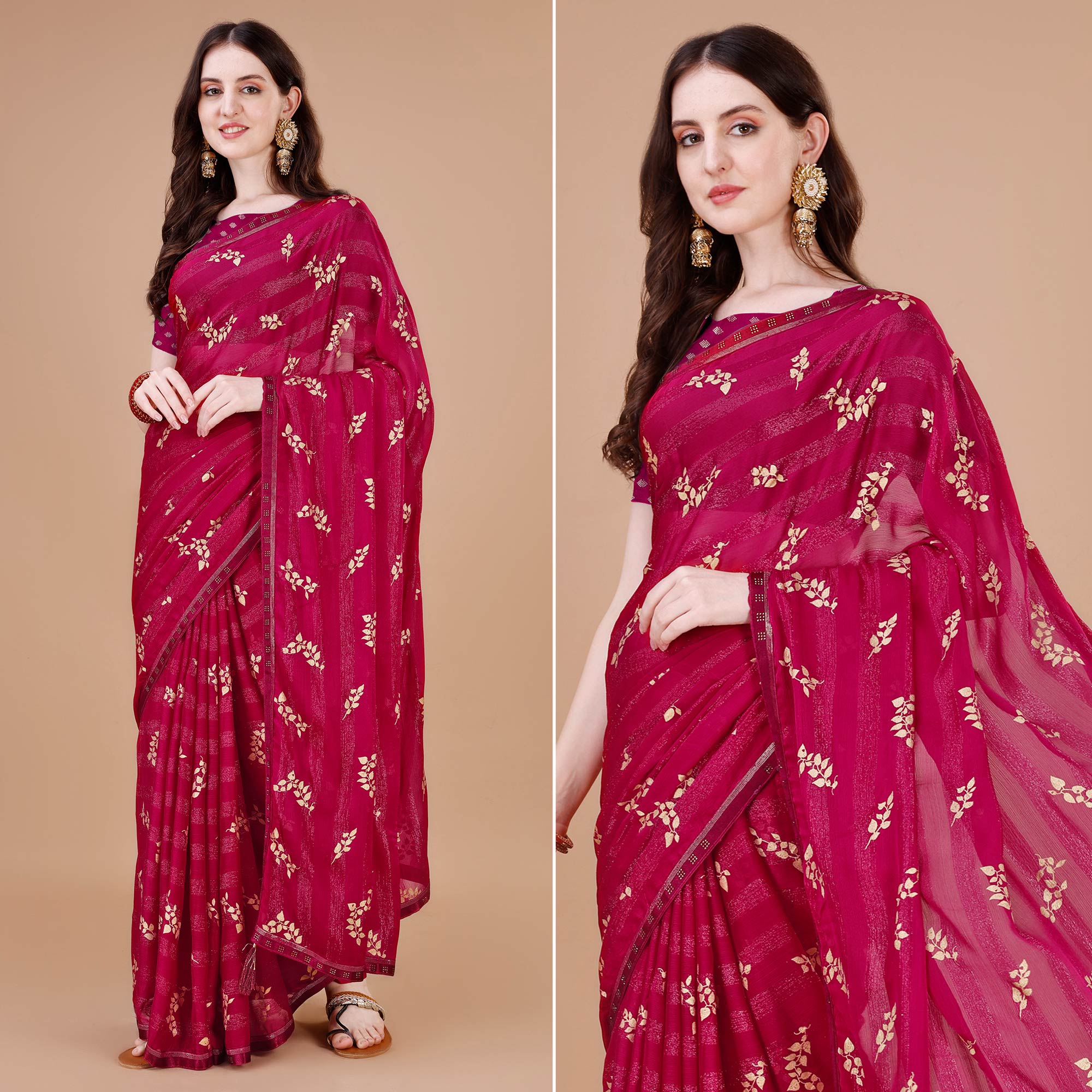 Pink Foil Printed Chiffon Saree With Lace Border