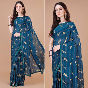 Blue Foil Printed Chiffon Saree With Lace Border